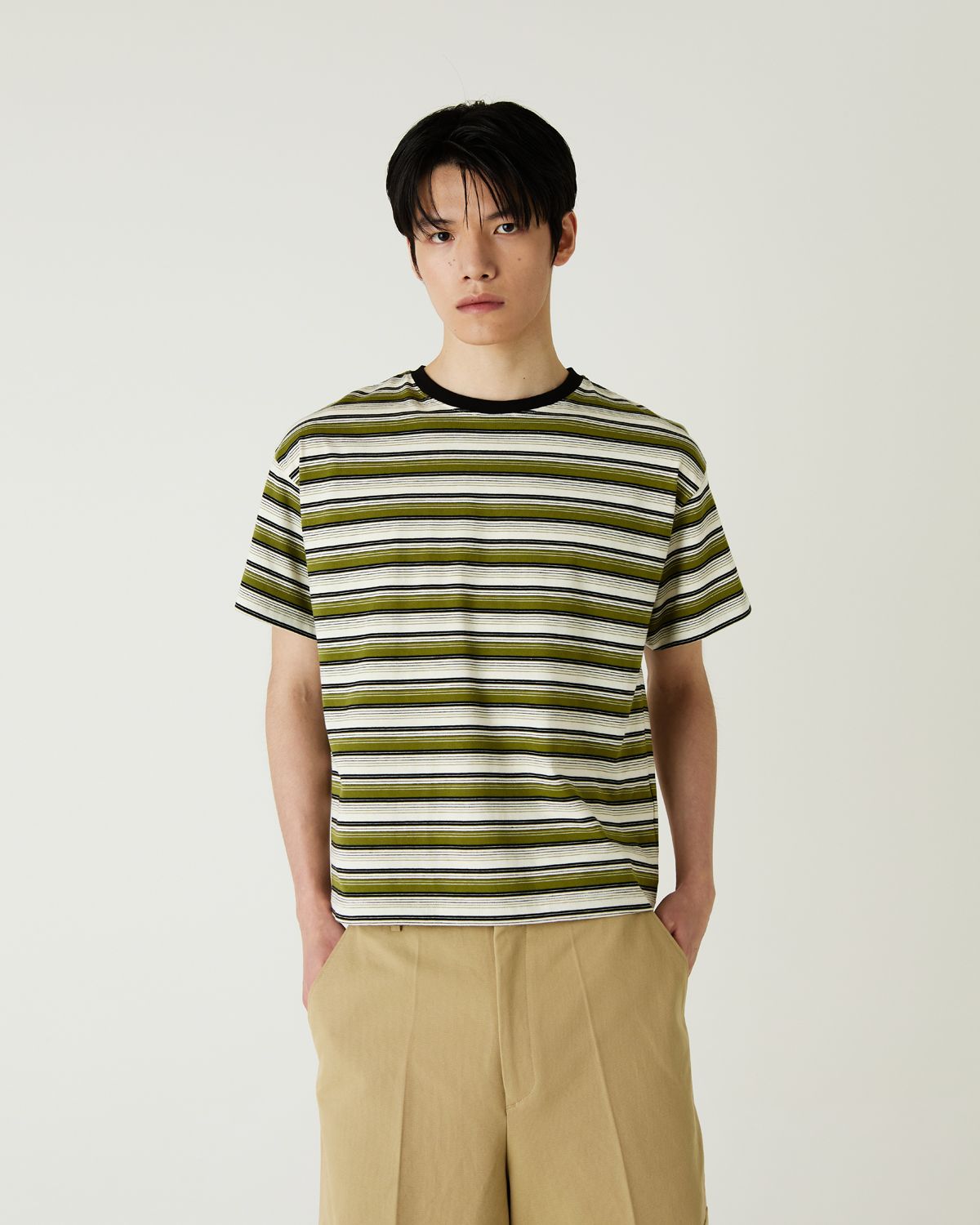 디앤드퀘스천(THEENDQUESTION) Multi stripe t-shirt / KHAKI