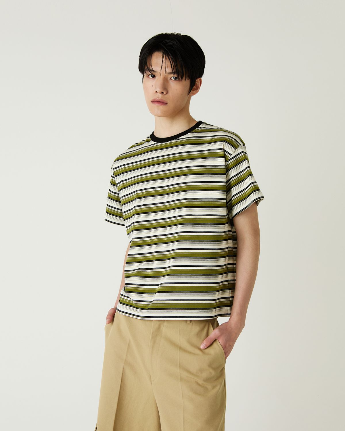 디앤드퀘스천(THEENDQUESTION) Multi stripe t-shirt / KHAKI