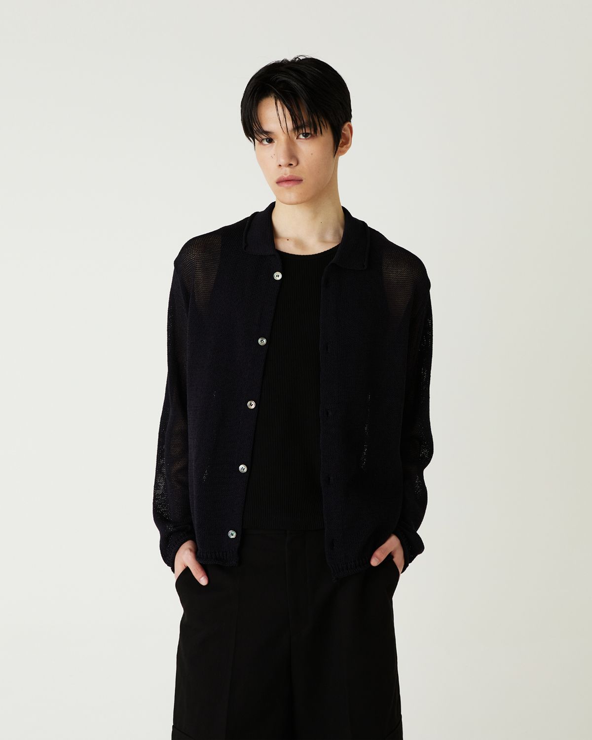 디앤드퀘스천(THEENDQUESTION) Linen blend collar cardigan / BLACK