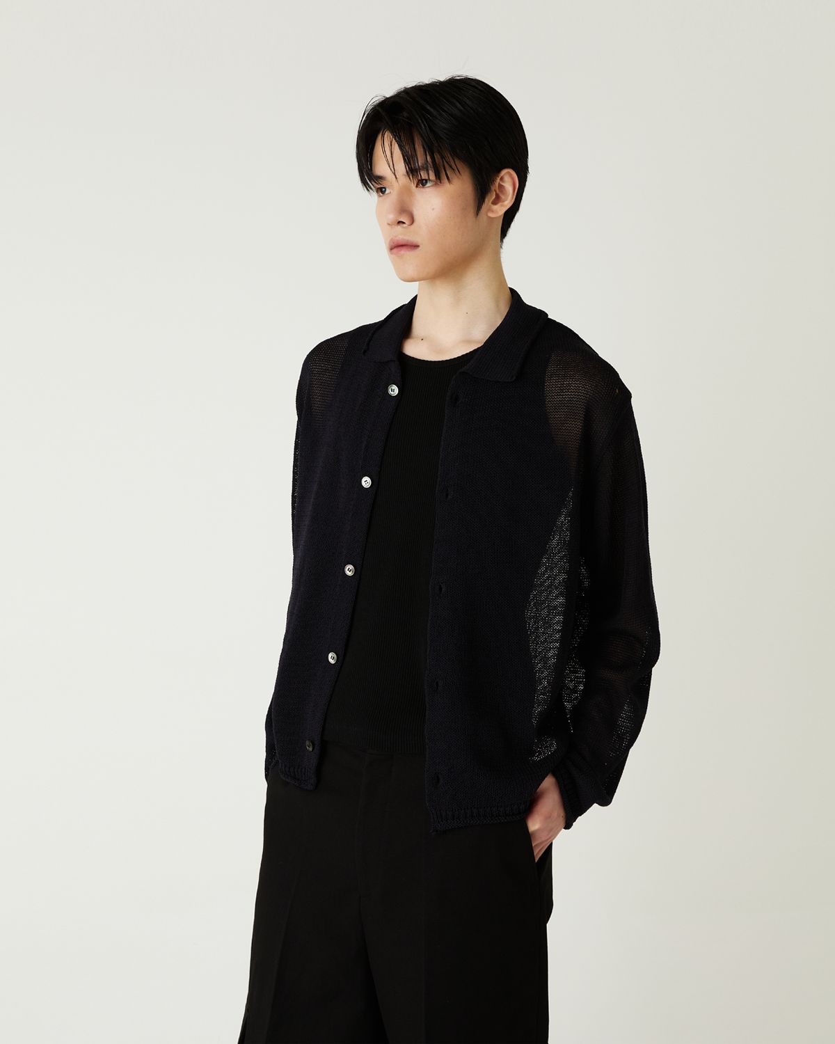 디앤드퀘스천(THEENDQUESTION) Linen blend collar cardigan / BLACK