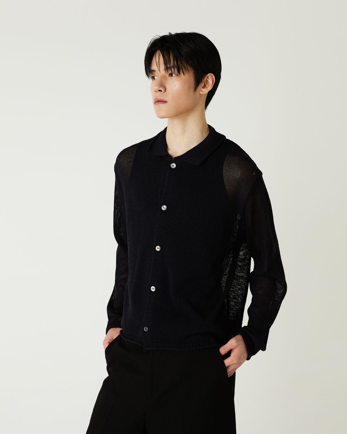 디앤드퀘스천(THEENDQUESTION) Linen blend collar cardigan / BLACK