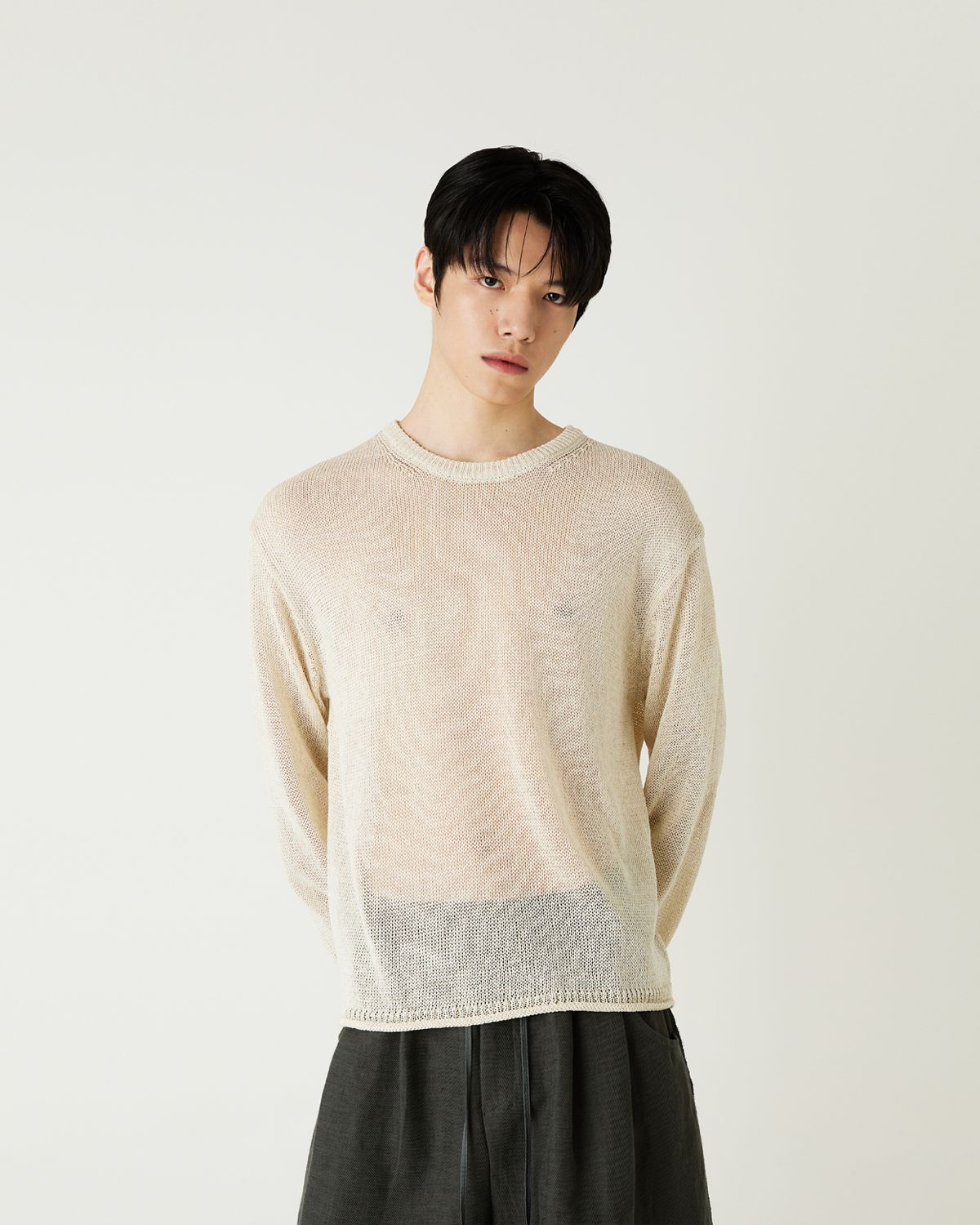 디앤드퀘스천(THEENDQUESTION) Linen blend crewneck knit top / BEIGE
