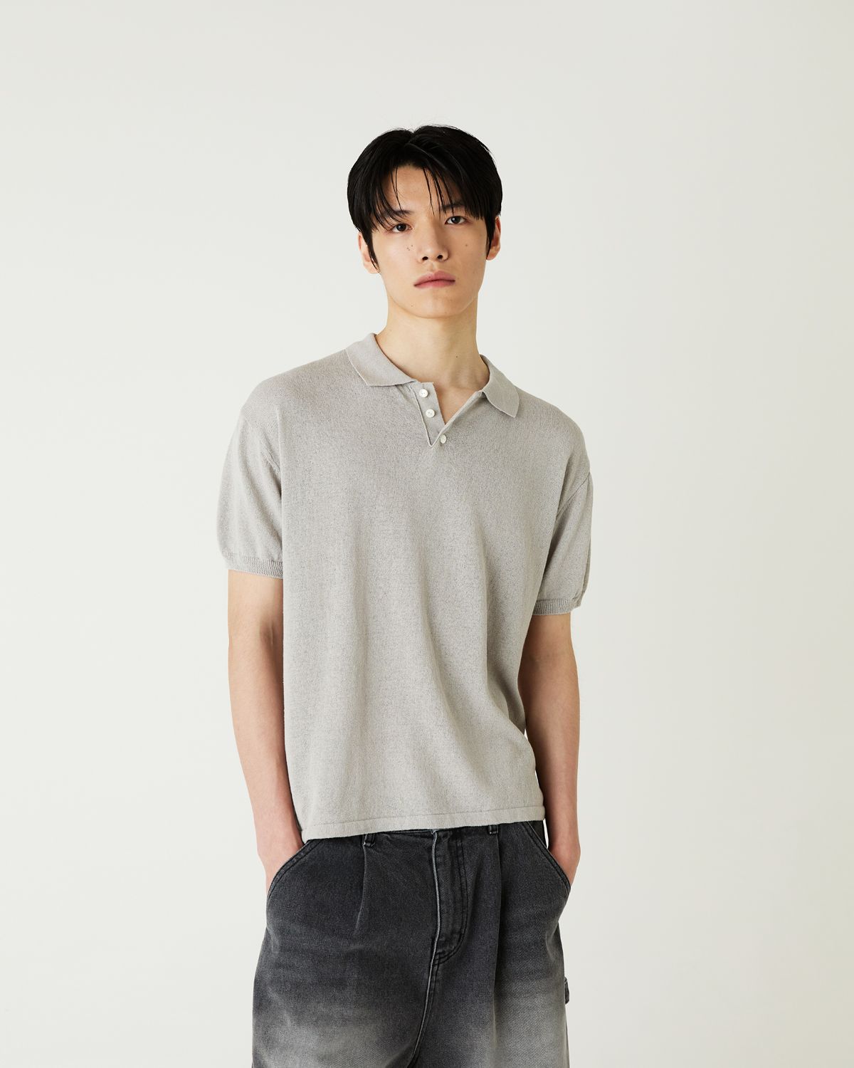 디앤드퀘스천(THEENDQUESTION) Cotton linen collar knit top / GRAY