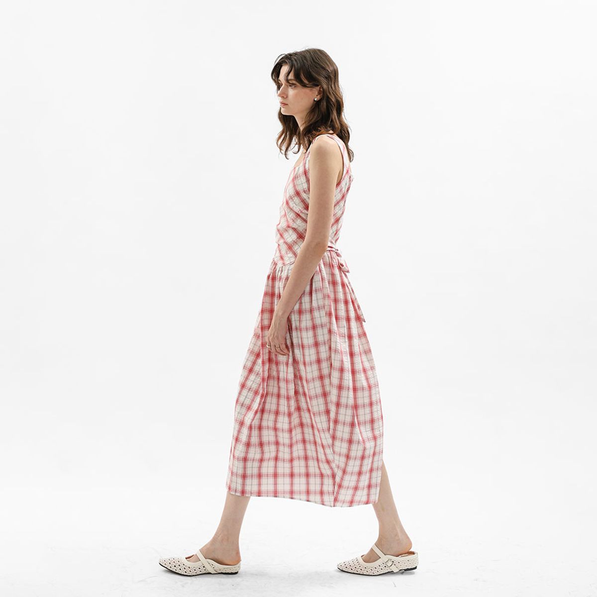 웬스데이딜라잇(WEDNESDAY DELIGHT) WD_Gathered waist check dress_RED