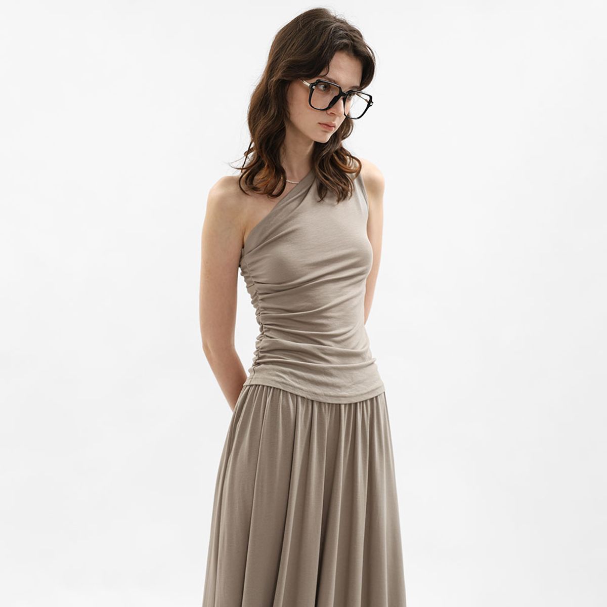 웬스데이딜라잇(WEDNESDAY DELIGHT) WD_One shoulder drape top and skirt set_2color