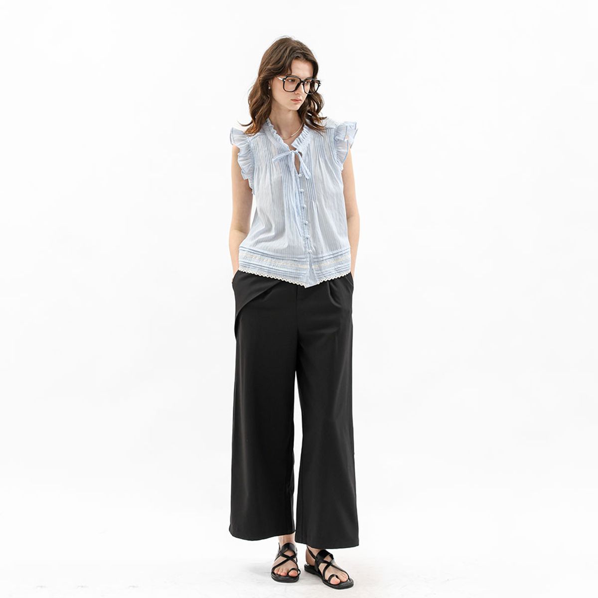 웬스데이딜라잇(WEDNESDAY DELIGHT) WD_Ribbon frill pintuck blouse_BLUE