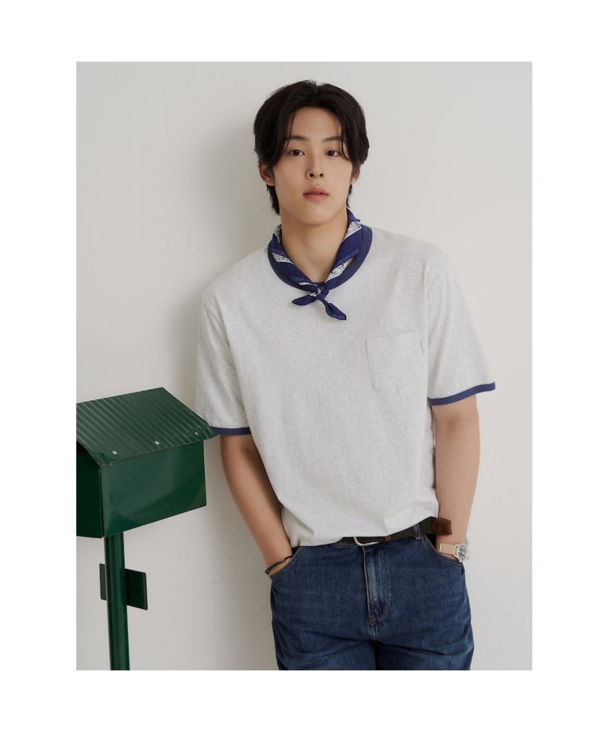 빈폴 멘(BEANPOLE MEN) 포켓 링거 티셔츠  블루