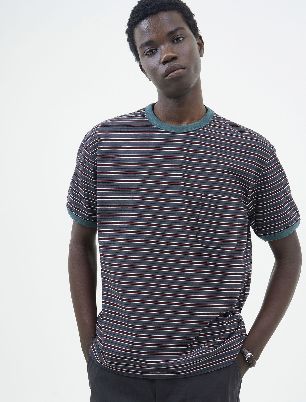 포커페이스(POKERFACE) STRIPE RINGER T-SHIRTS CHARCOAL / DARK OLIVE