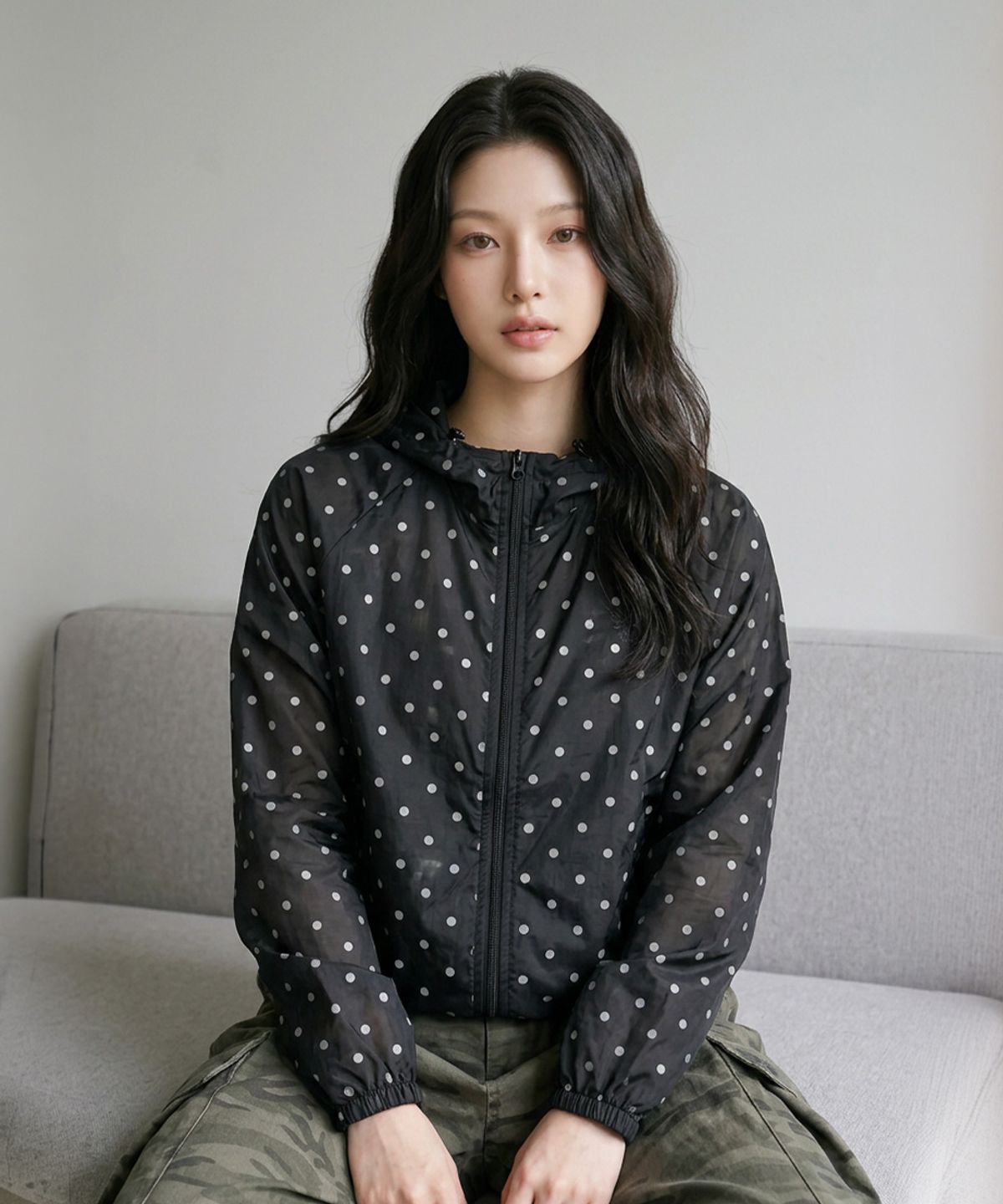 더그린랩(THE GREEN LAB) 시스루 도트 후드 경량 바람막이 쟈켓 [블랙]