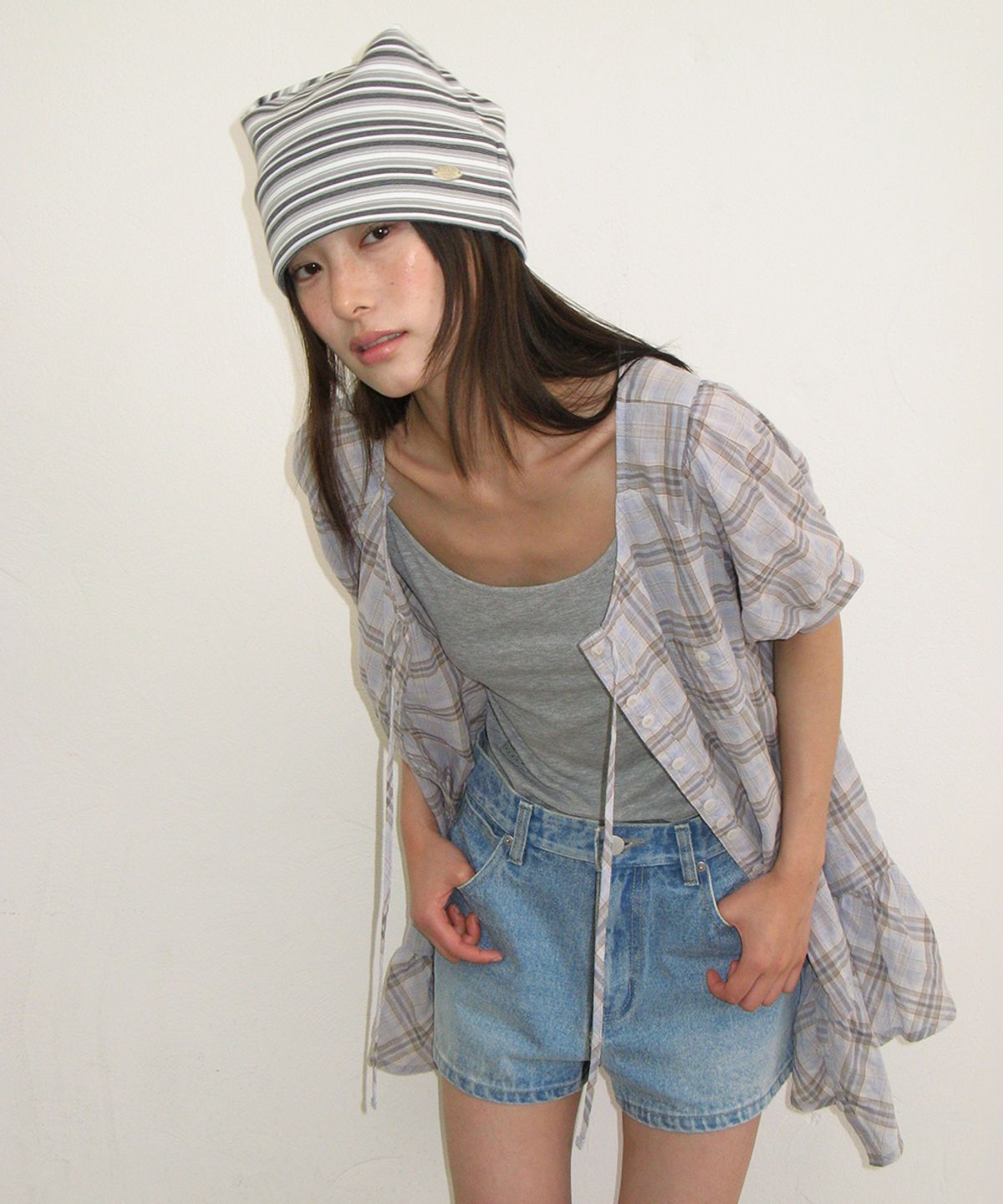 론론(RONRON) STRIPE KNOT SQUARE BEANIE GREY