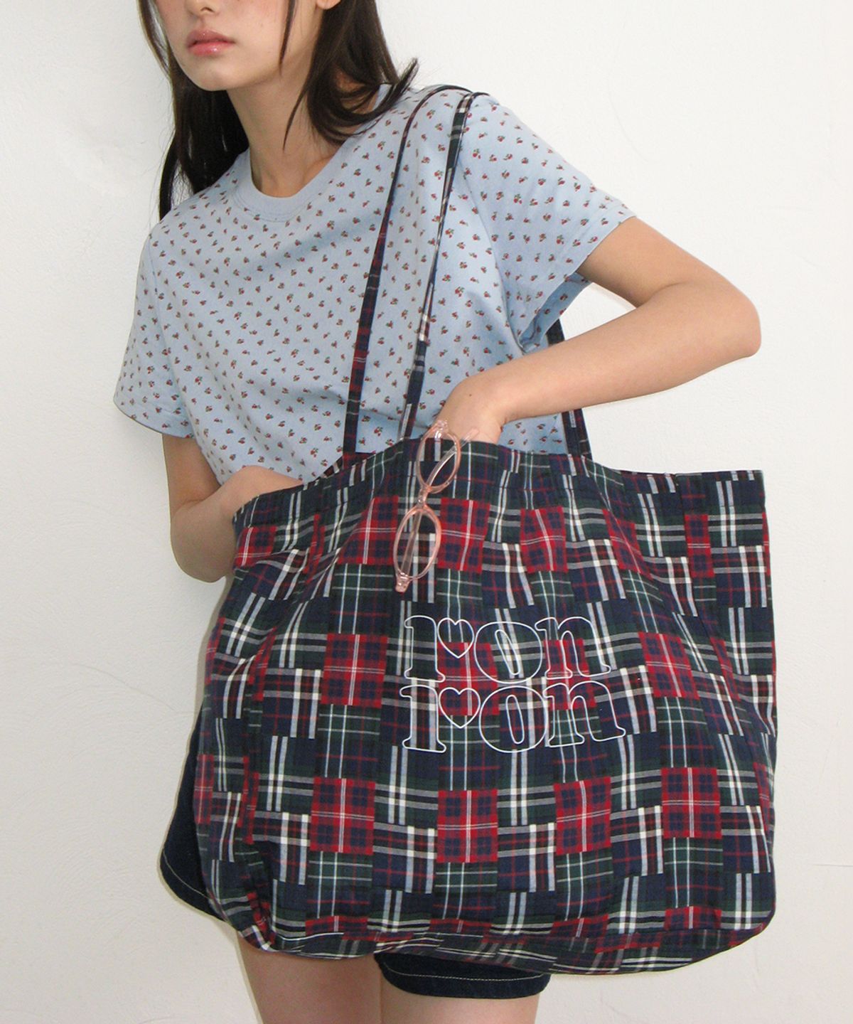 론론(RONRON) PATTERN LOGO SHOPPER RED CHECK