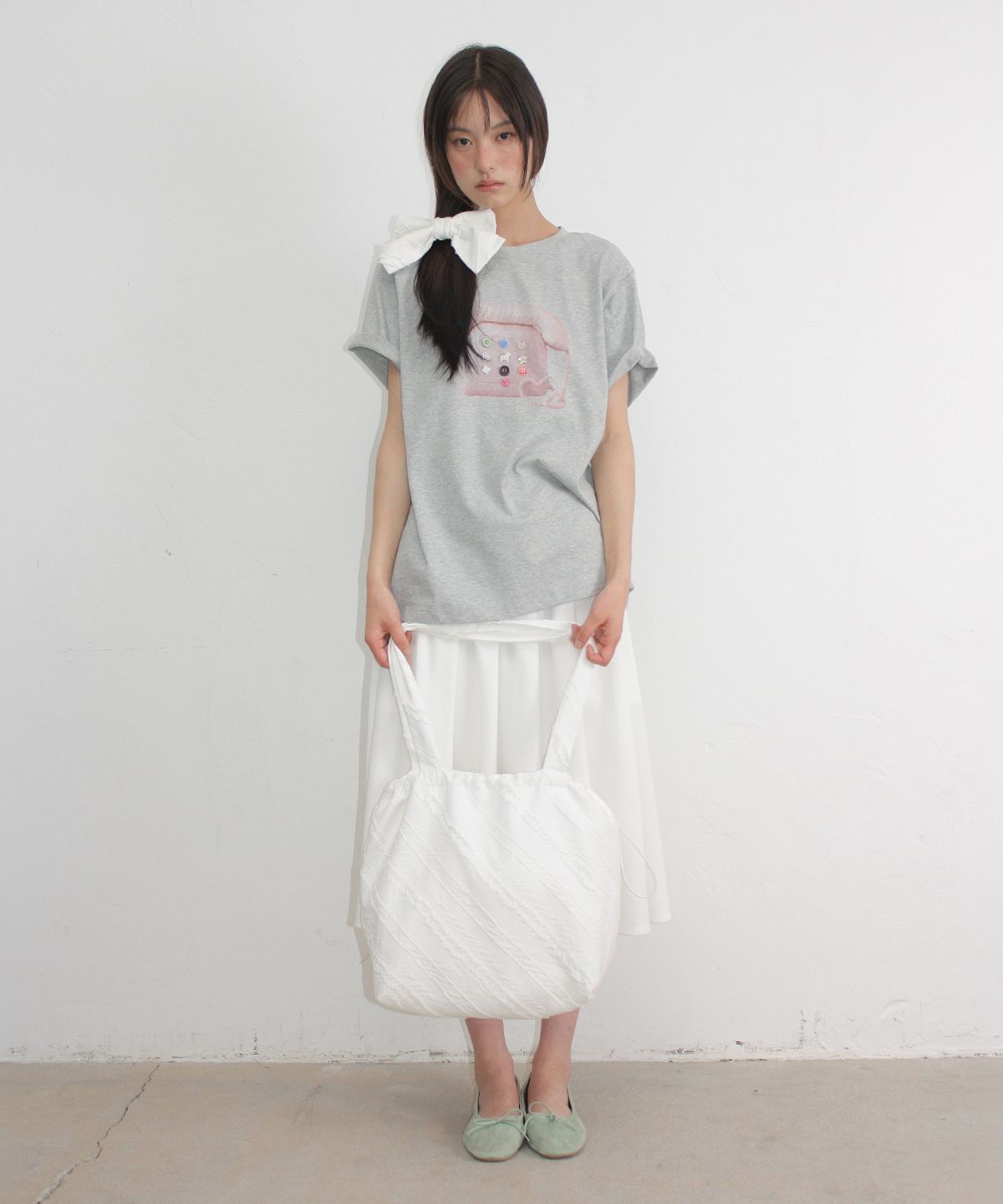 론론(RONRON) RIBBON HAIR PIN SET FRILL ECO BAG WHITE