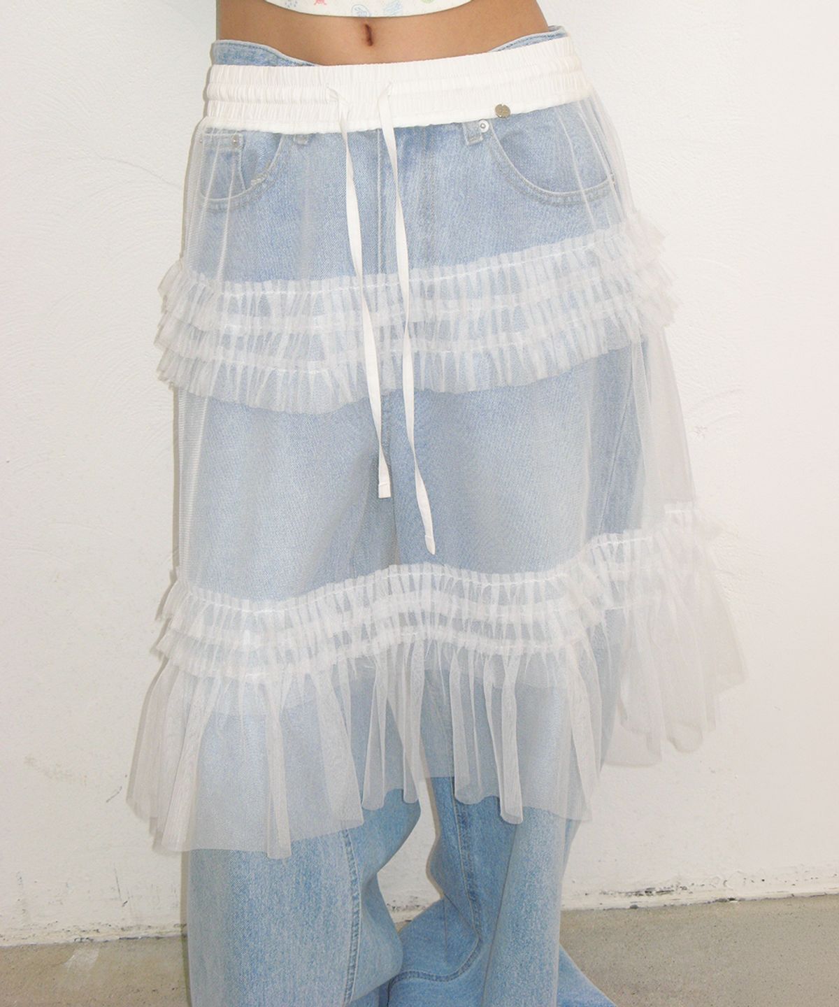 론론(RONRON) SHEER TIERED FRILL LAYERED SKIRT WHITE