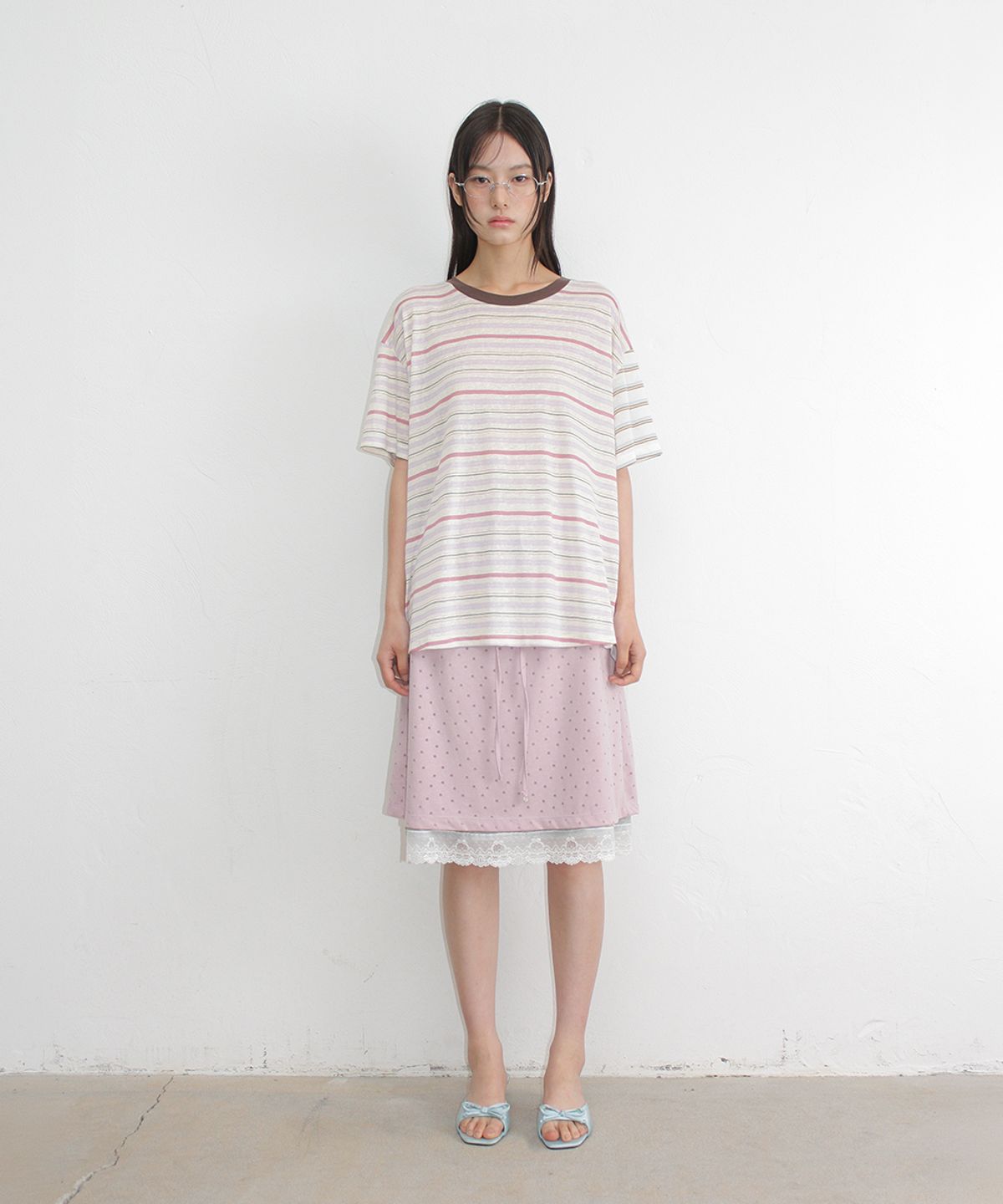 론론(RONRON) DOT LAYERED LACE HEM SKIRT PINK
