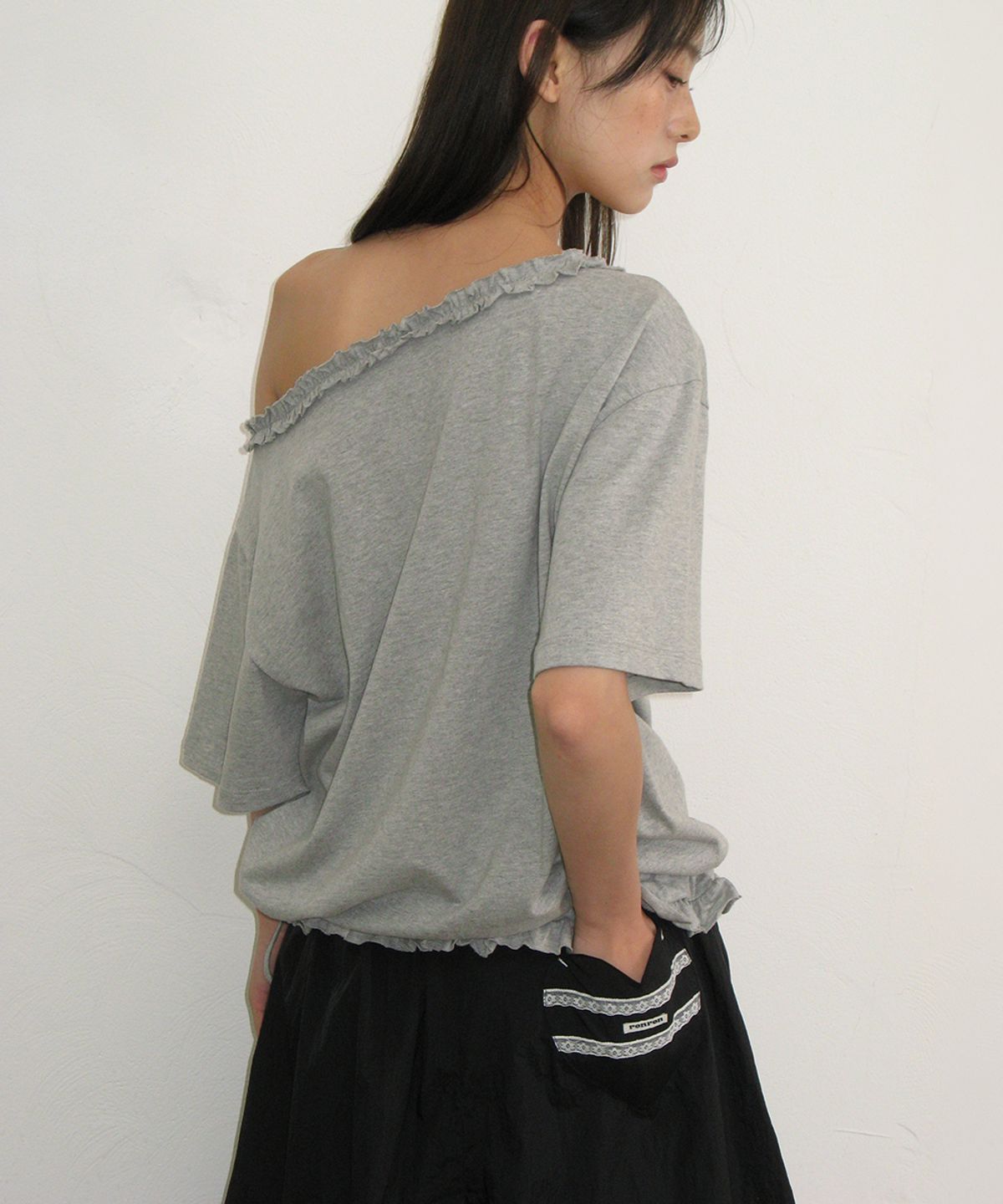 론론(RONRON) LACE POINT SKIRT LAYERED JOGGER PANTS BLACK