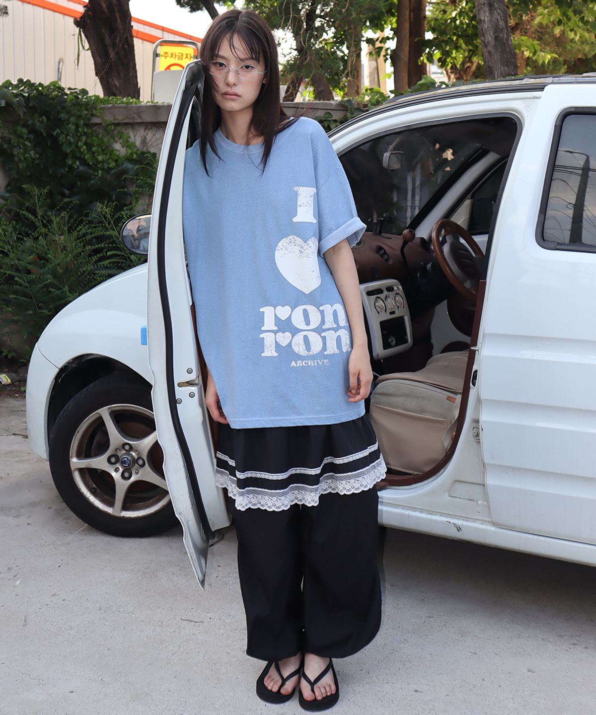 론론(RONRON) LACE POINT SKIRT LAYERED JOGGER PANTS BLACK