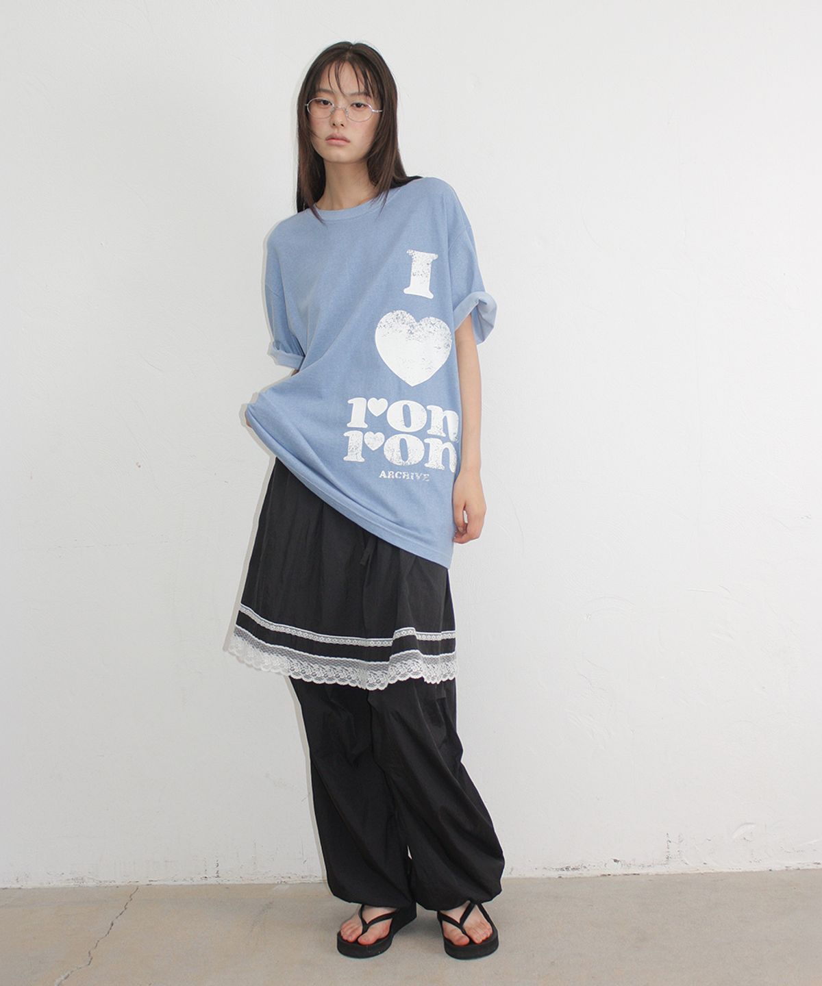 론론(RONRON) LACE POINT SKIRT LAYERED JOGGER PANTS BLACK