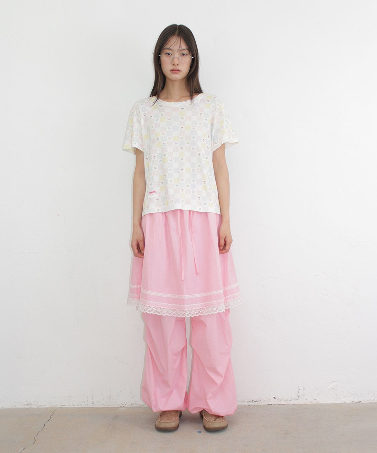 론론(RONRON) LACE POINT SKIRT LAYERED JOGGER PANTS PINK