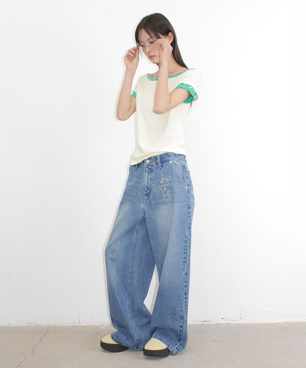론론(RONRON) HOTFIX KEYRING WIDE DENIM PANTS MEDIUM BLUE