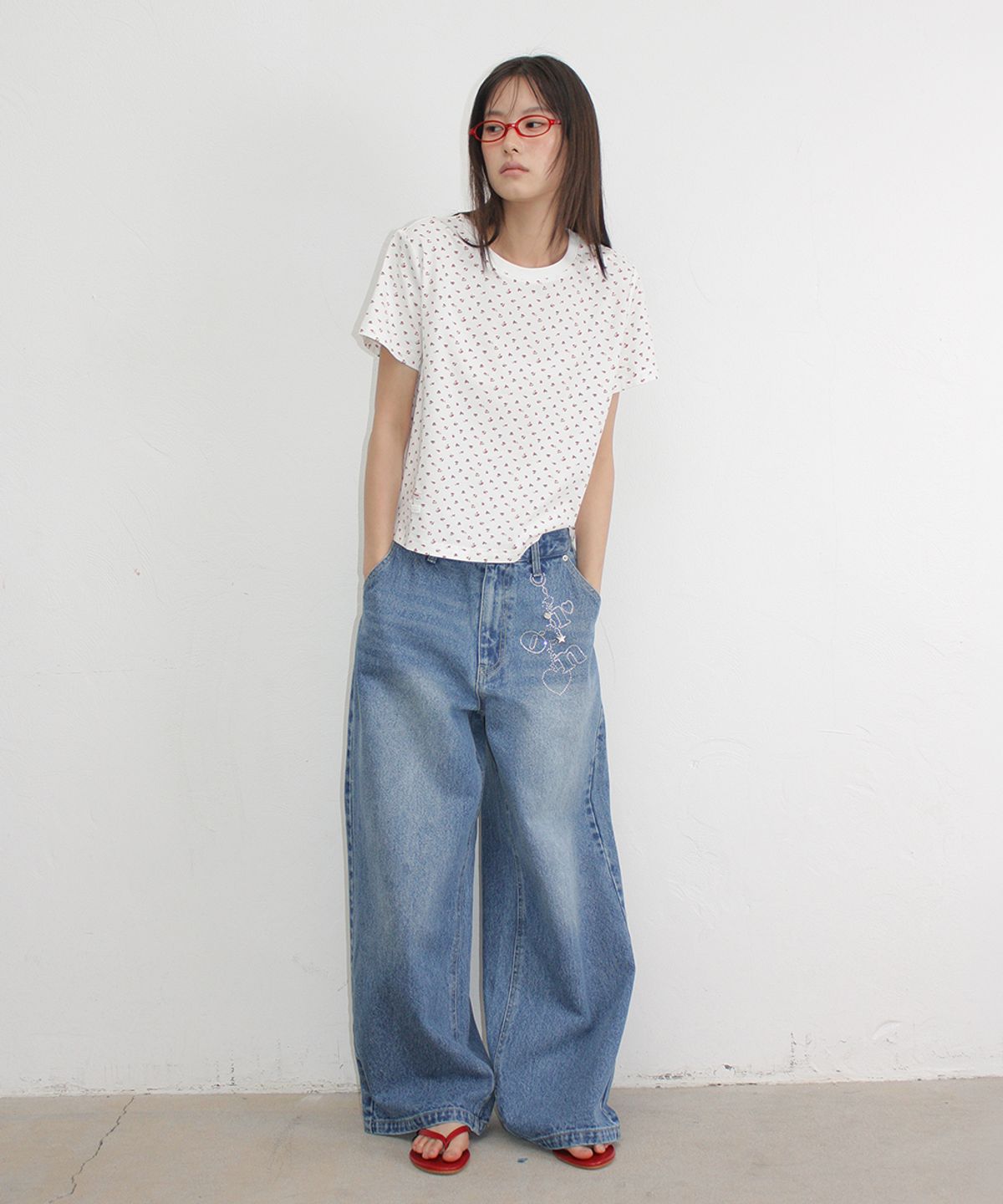 론론(RONRON) HOTFIX KEYRING WIDE DENIM PANTS MEDIUM BLUE