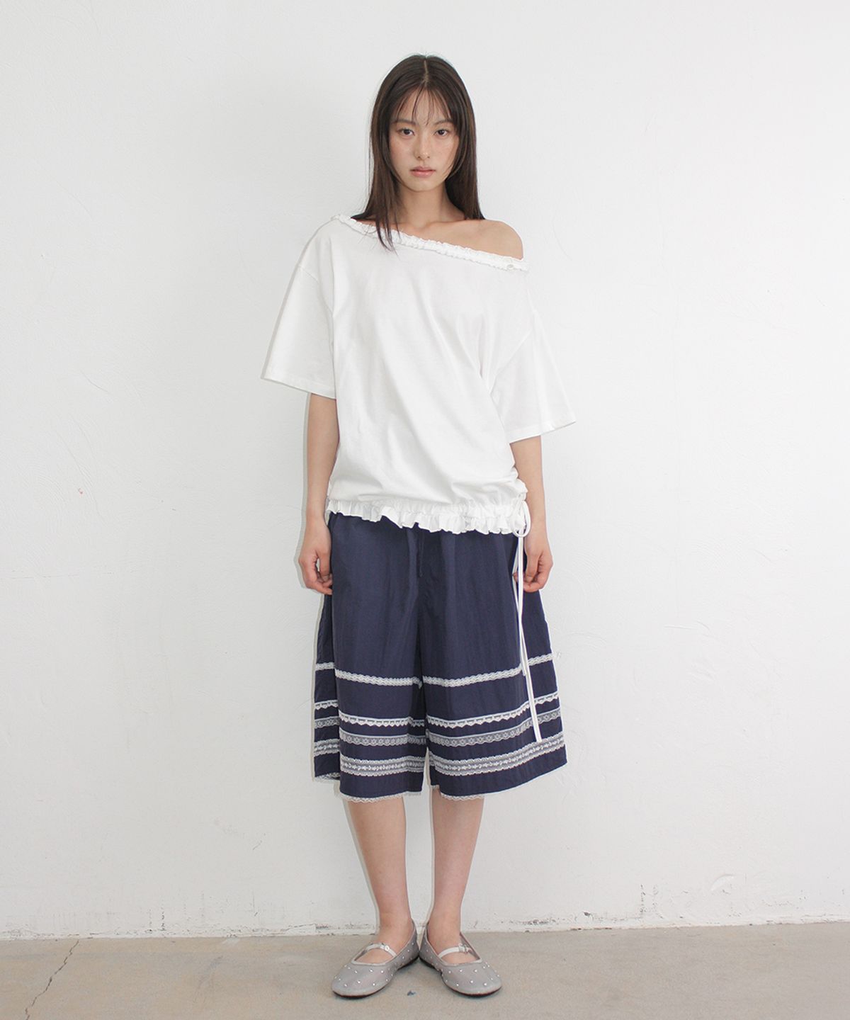 론론(RONRON) LACE TRIM NYLON BERMUDA PANTS NAVY
