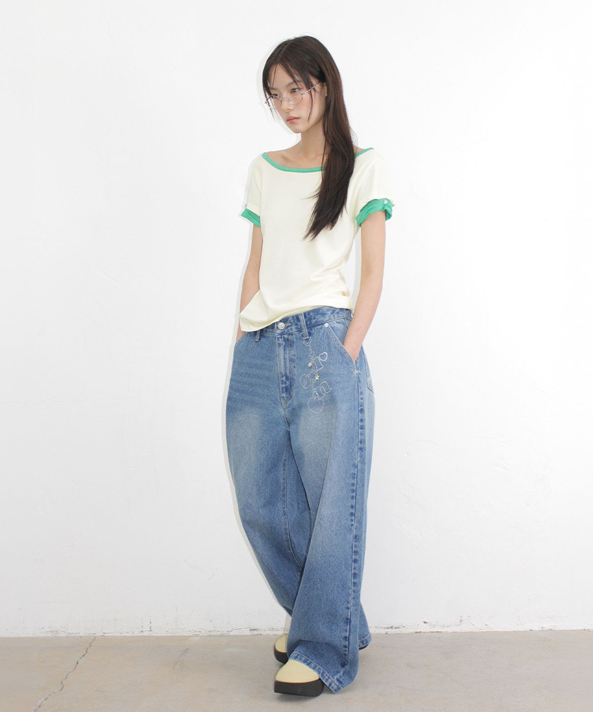 론론(RONRON) HEART BUTTON ROLL UP LAYERED T SHIRT SOFT YELLOW