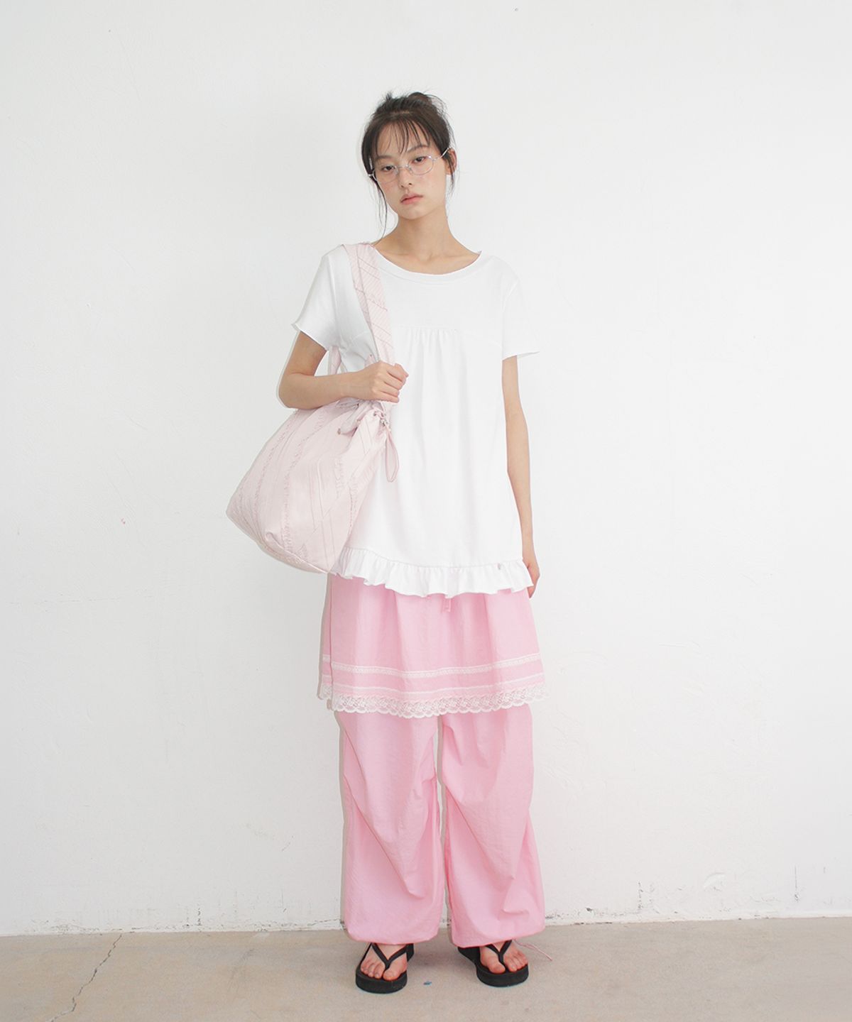 론론(RONRON) STRING SHIRRING RUFFLE T SHIRT WHITE