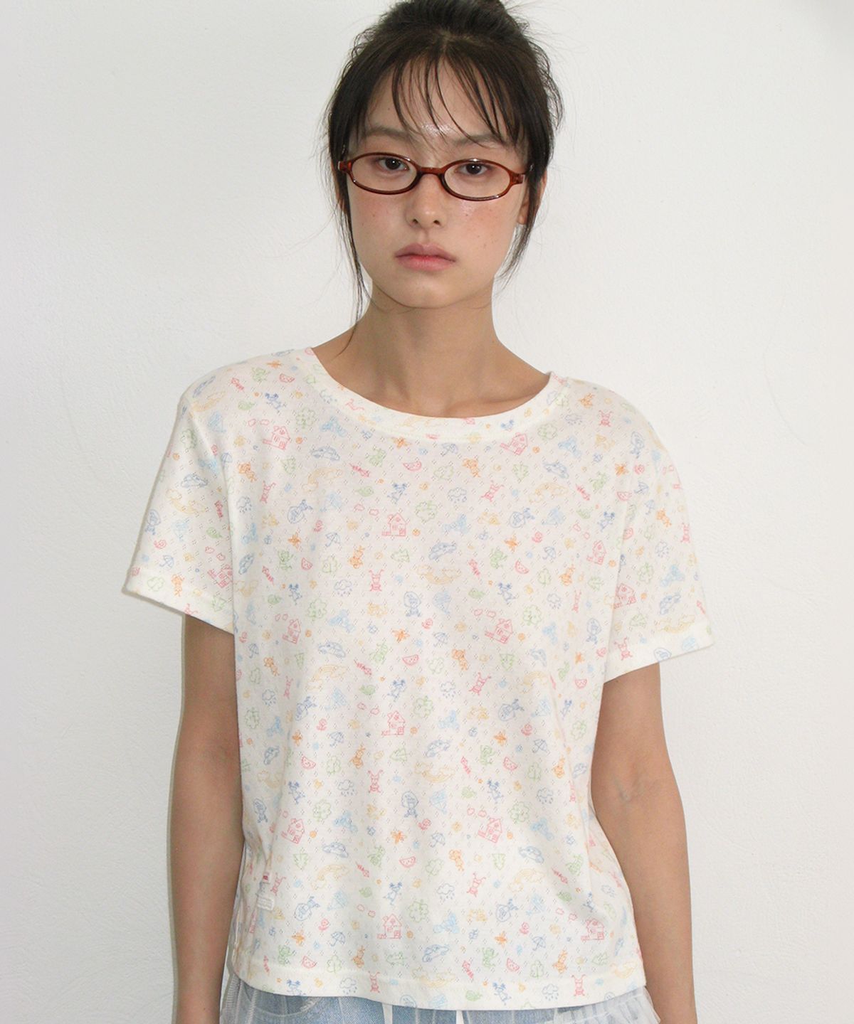 론론(RONRON) DRAWING EYELET HALF SLEEVE T SHIRT IVORY