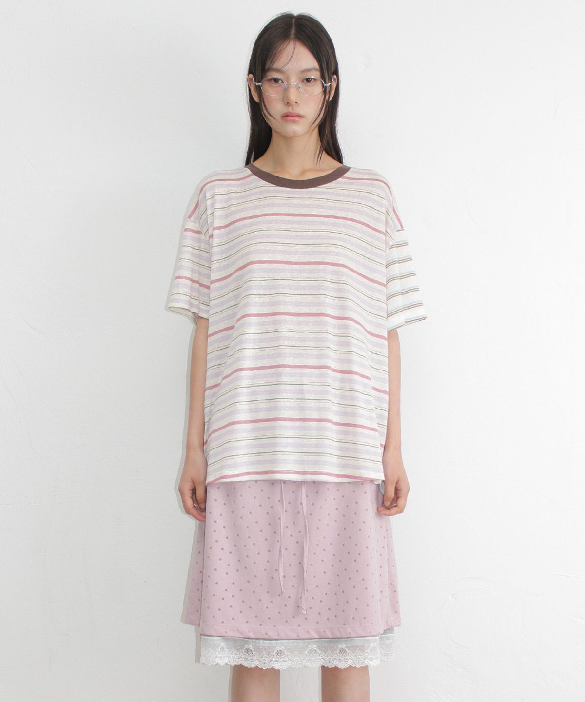 론론(RONRON) MIX STRIPE CONTRAST OVER FIT T SHIRT PINK PURPLE