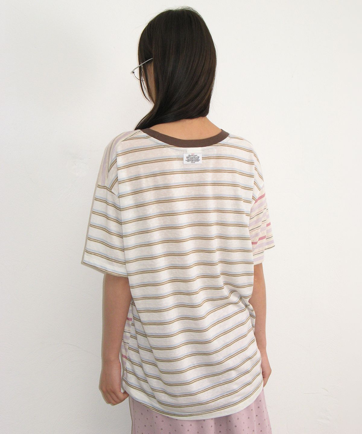 론론(RONRON) MIX STRIPE CONTRAST OVER FIT T SHIRT PINK PURPLE