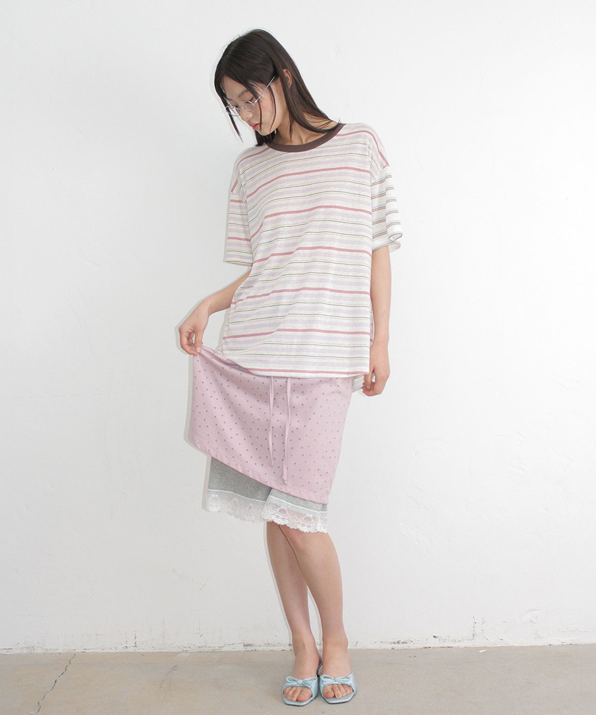 론론(RONRON) MIX STRIPE CONTRAST OVER FIT T SHIRT PINK PURPLE