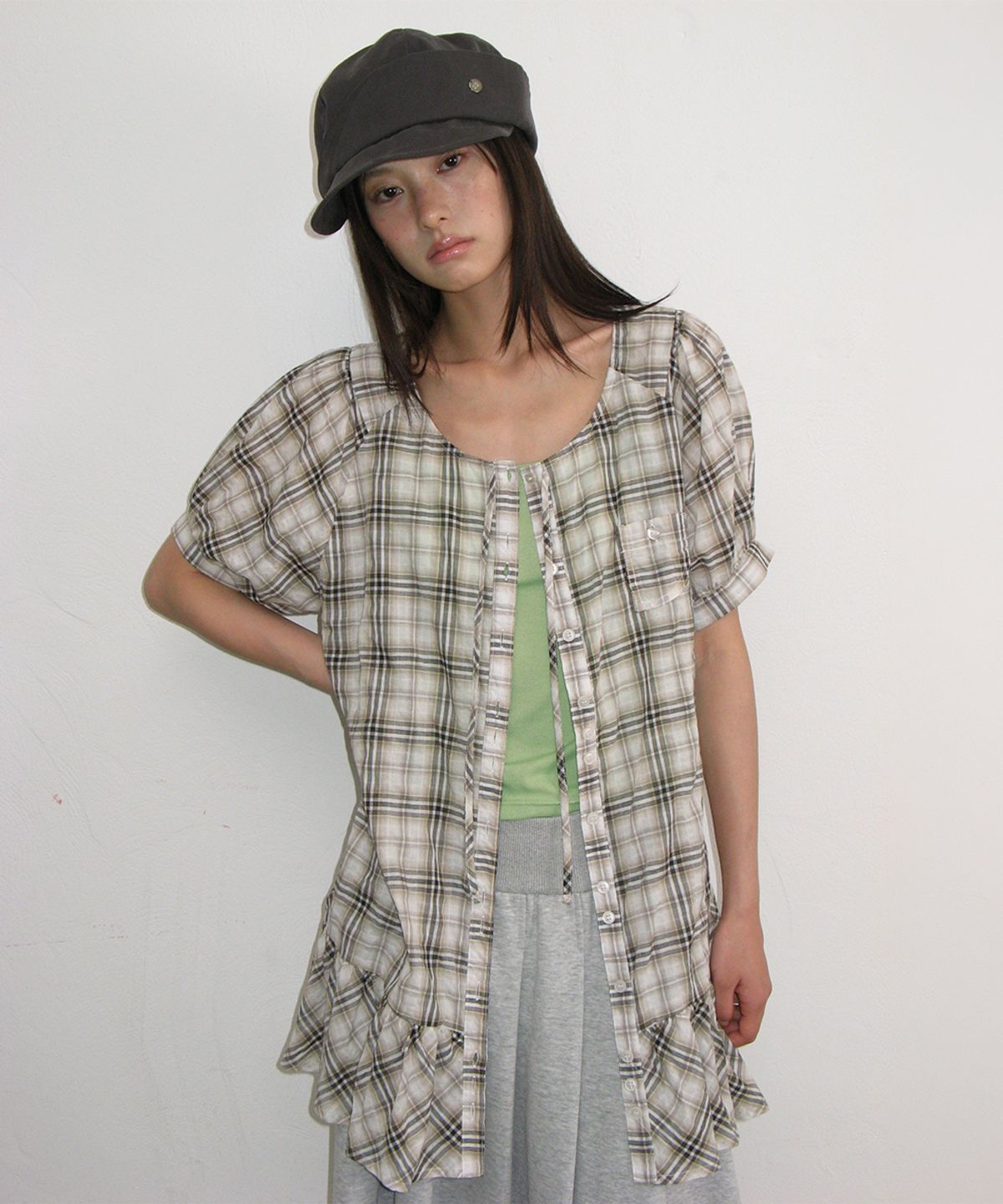 론론(RONRON) CHECK PUFF SLEEVE MINI DRESS BLOUSE BEIGE