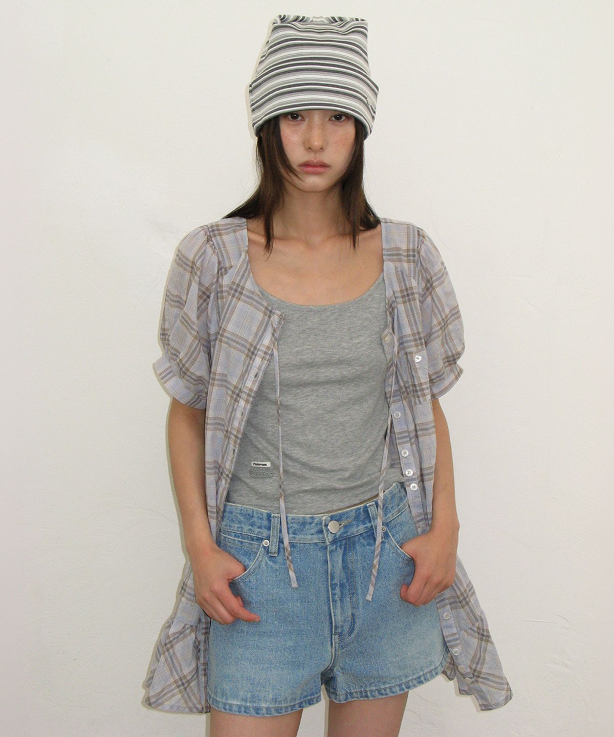 론론(RONRON) CHECK PUFF SLEEVE MINI DRESS BLOUSE SOFT BLUE