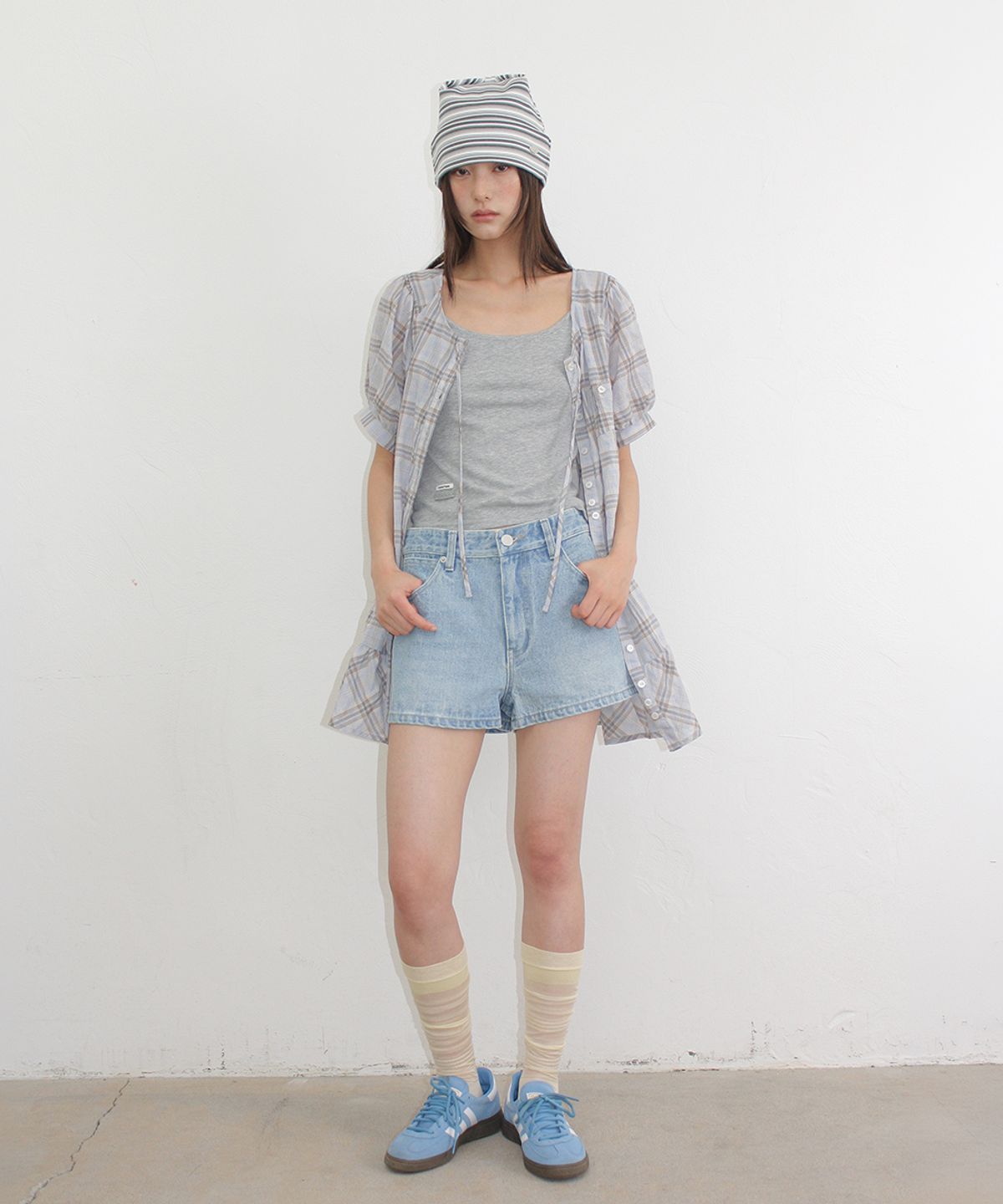 론론(RONRON) CHECK PUFF SLEEVE MINI DRESS BLOUSE SOFT BLUE