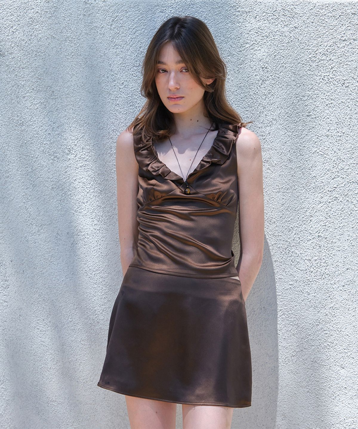 썸웨어버터(SOMEWHEREBUTTER) Elia Satin Blouse - Brown