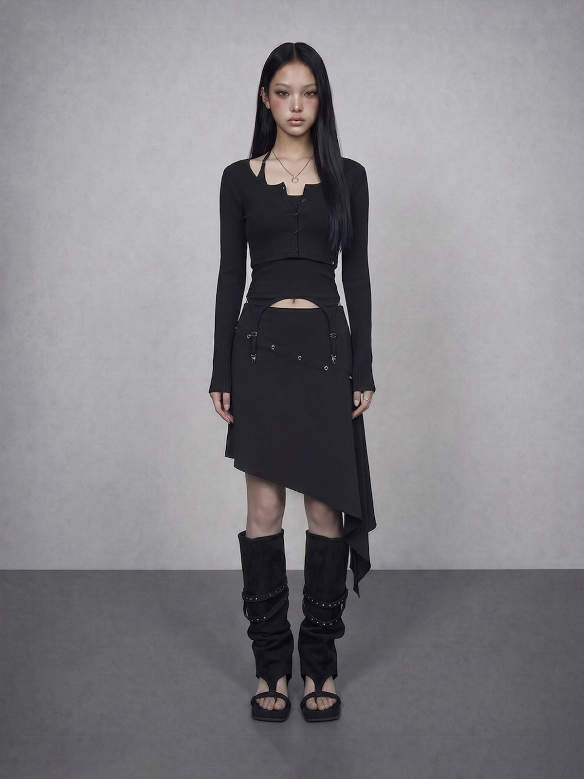 바운더리(BOUNDARY) GLAM SNAP FLARED SKIRT BK_B261MSD103