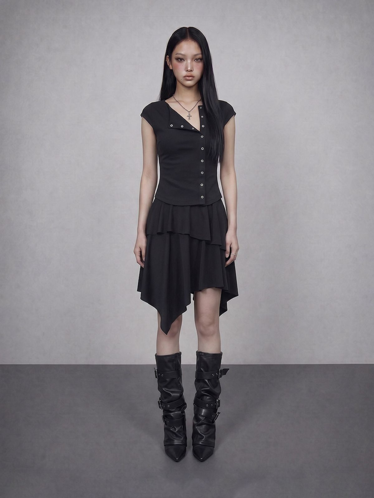 바운더리(BOUNDARY) GLAM DOUBLE LAYER FLARED JERSEY SKIRT BK_B261MSD109