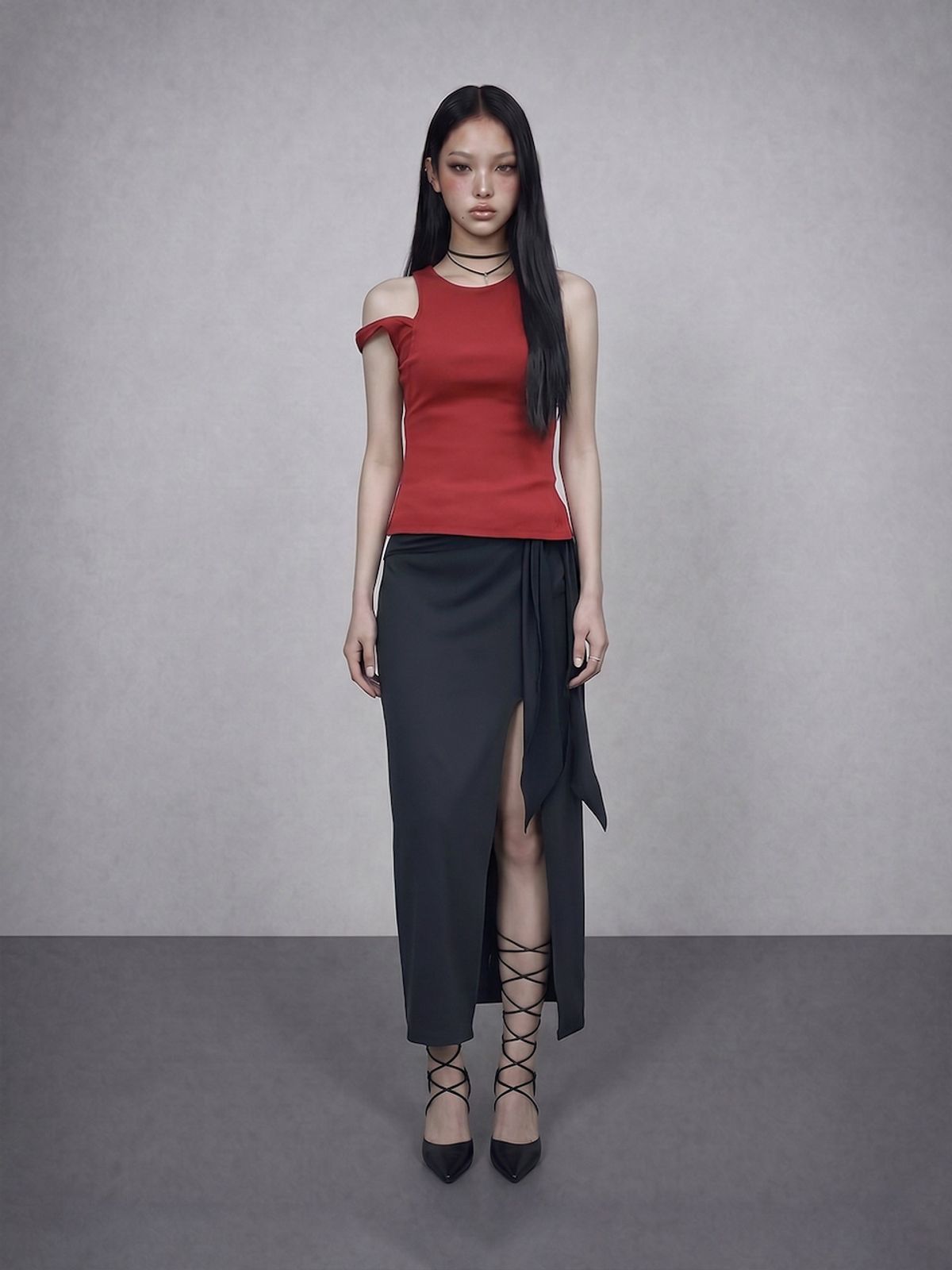 바운더리(BOUNDARY) GLAM TIE STRAP SLIT MAXI SKIRT BK_B261MSD114