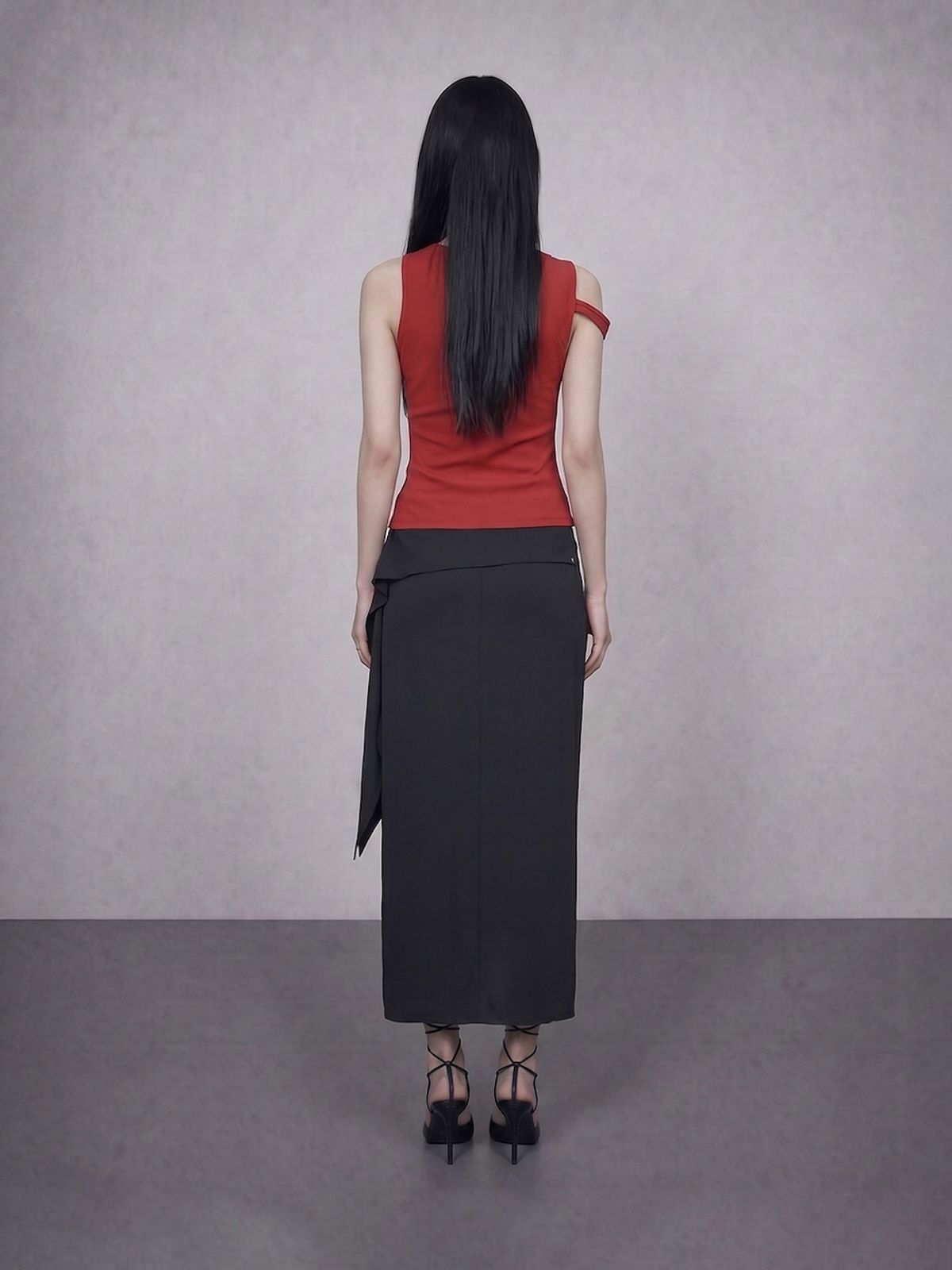바운더리(BOUNDARY) GLAM TIE STRAP SLIT MAXI SKIRT BK_B261MSD114