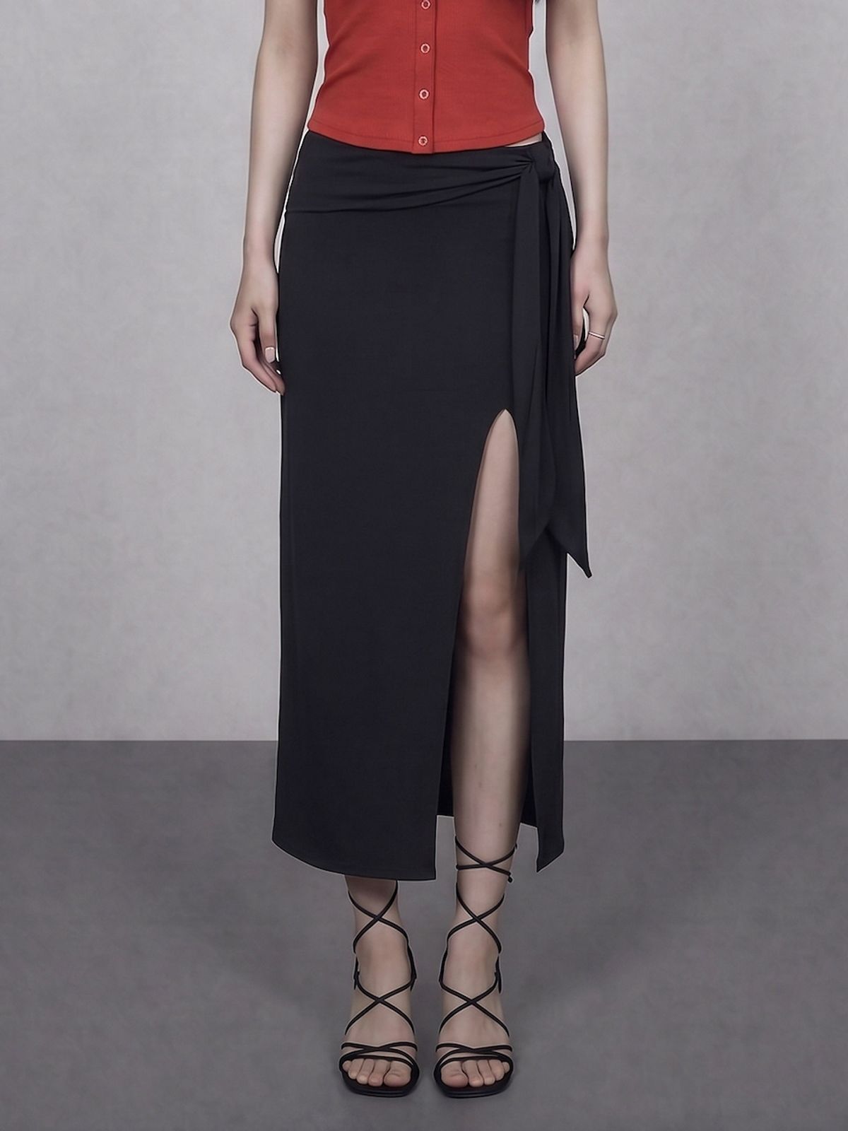 바운더리(BOUNDARY) GLAM TIE STRAP SLIT MAXI SKIRT BK_B261MSD114