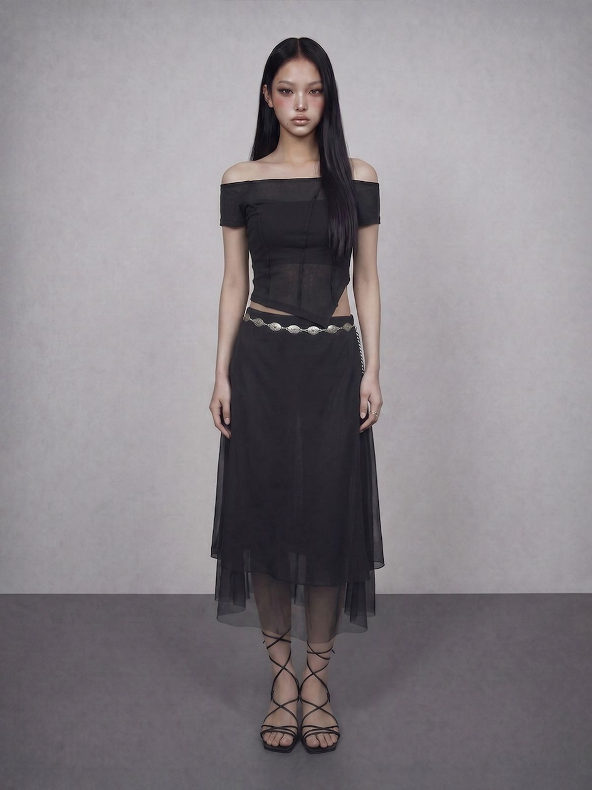 바운더리(BOUNDARY) GLAM DOUBLE LAYER FLARED MESH LONG SKIRT BK_B261MSD111