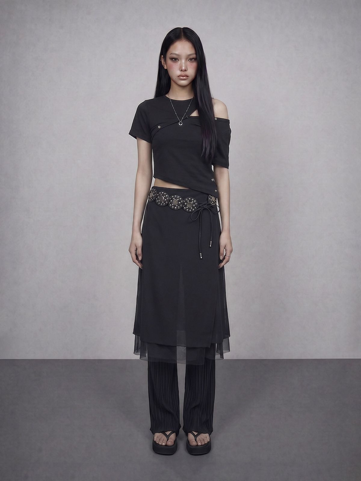 바운더리(BOUNDARY) GLAM DOUBLE LAYER FLARED MESH LONG SKIRT BK_B261MSD111