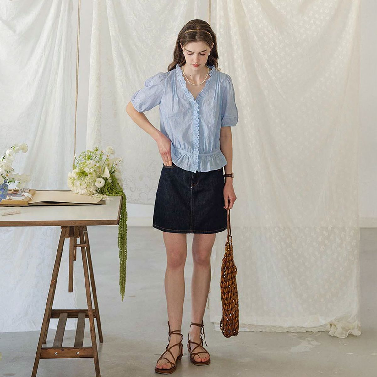 심플레트로(SIMPLE RETRO) SR_Short waist french blouse