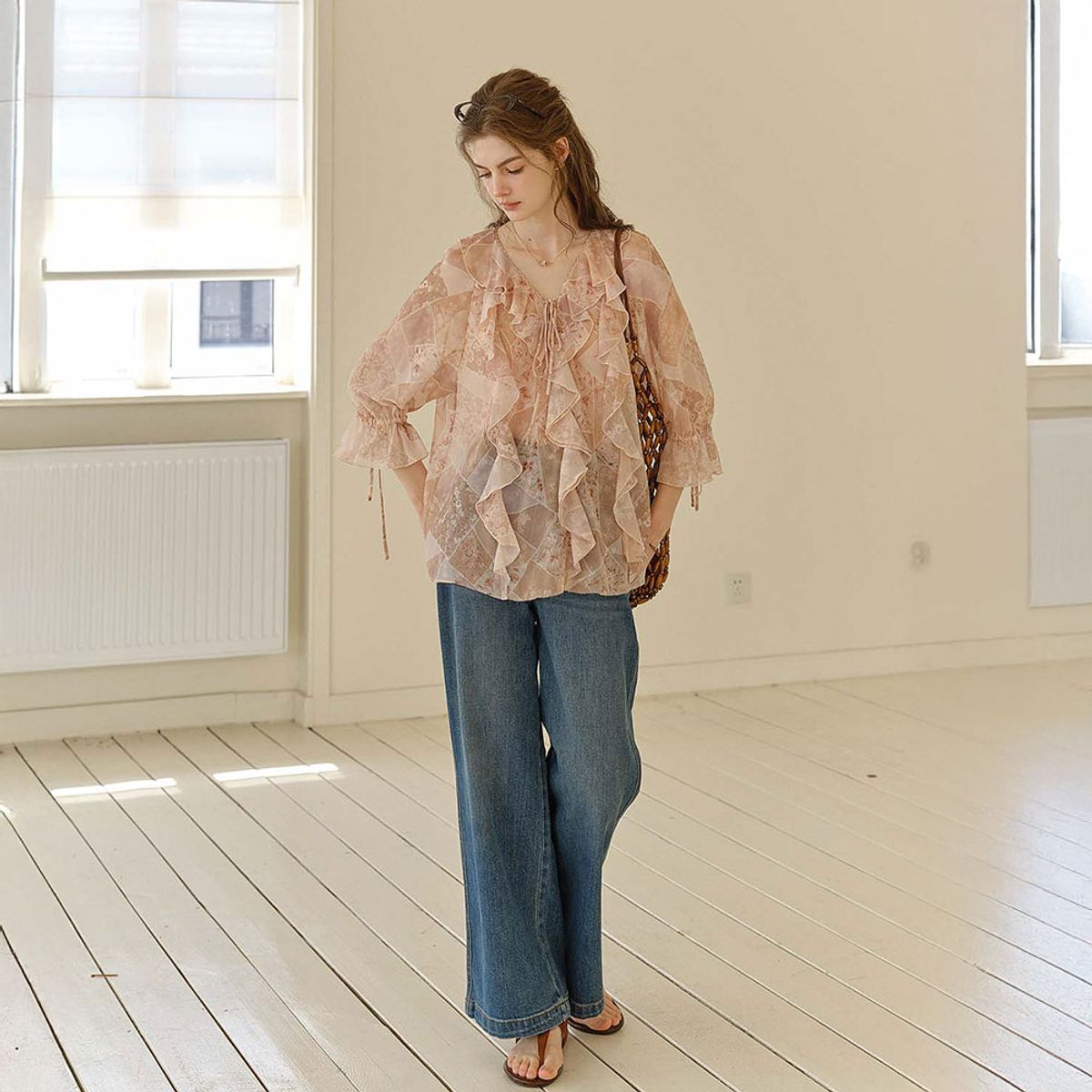심플레트로(SIMPLE RETRO) SR_Ruffled chiffon blouse_PEACH PINK