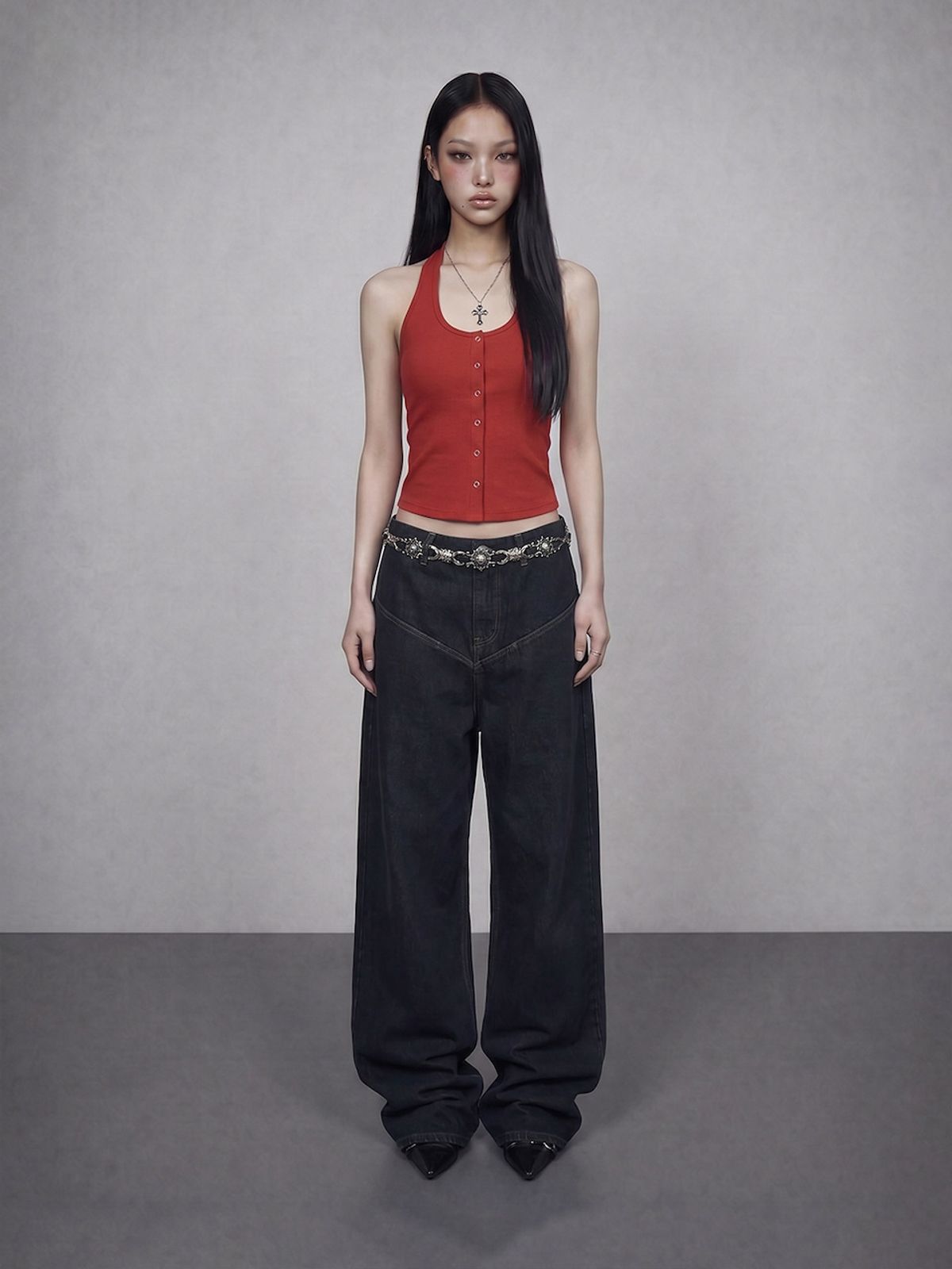 바운더리(BOUNDARY) GLAM HALTER NECK SLIM TOP RD_B261MSM105
