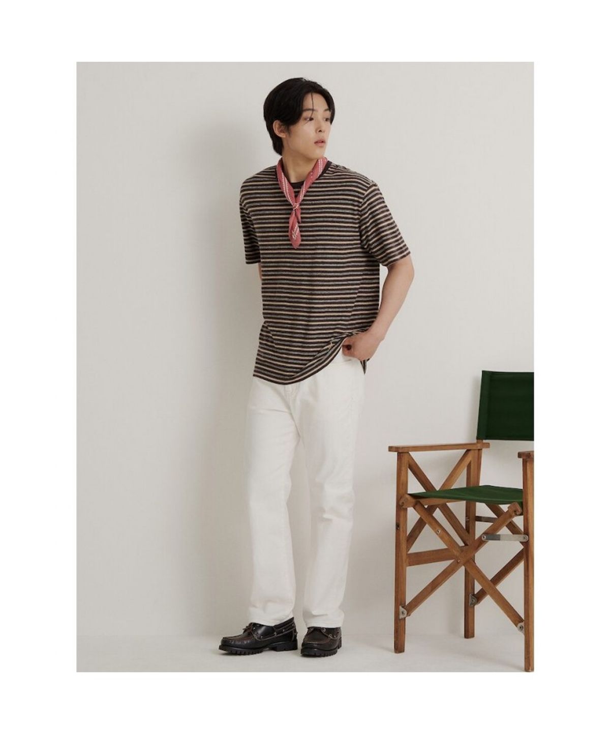빈폴 멘(BEANPOLE MEN) 코튼 리넨 스트라이프 라운드 티셔츠  브라운