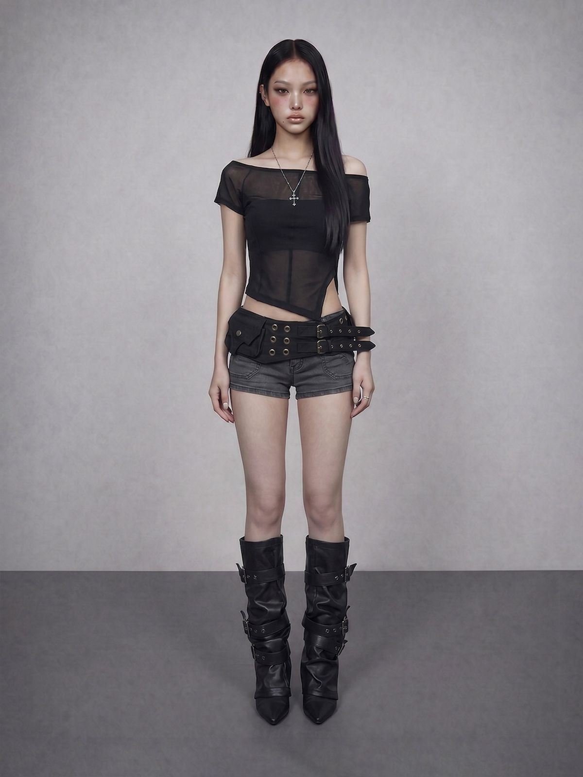 바운더리(BOUNDARY) GLAM BACK STRAP SHEER CROP TOP BK_B261MSM108