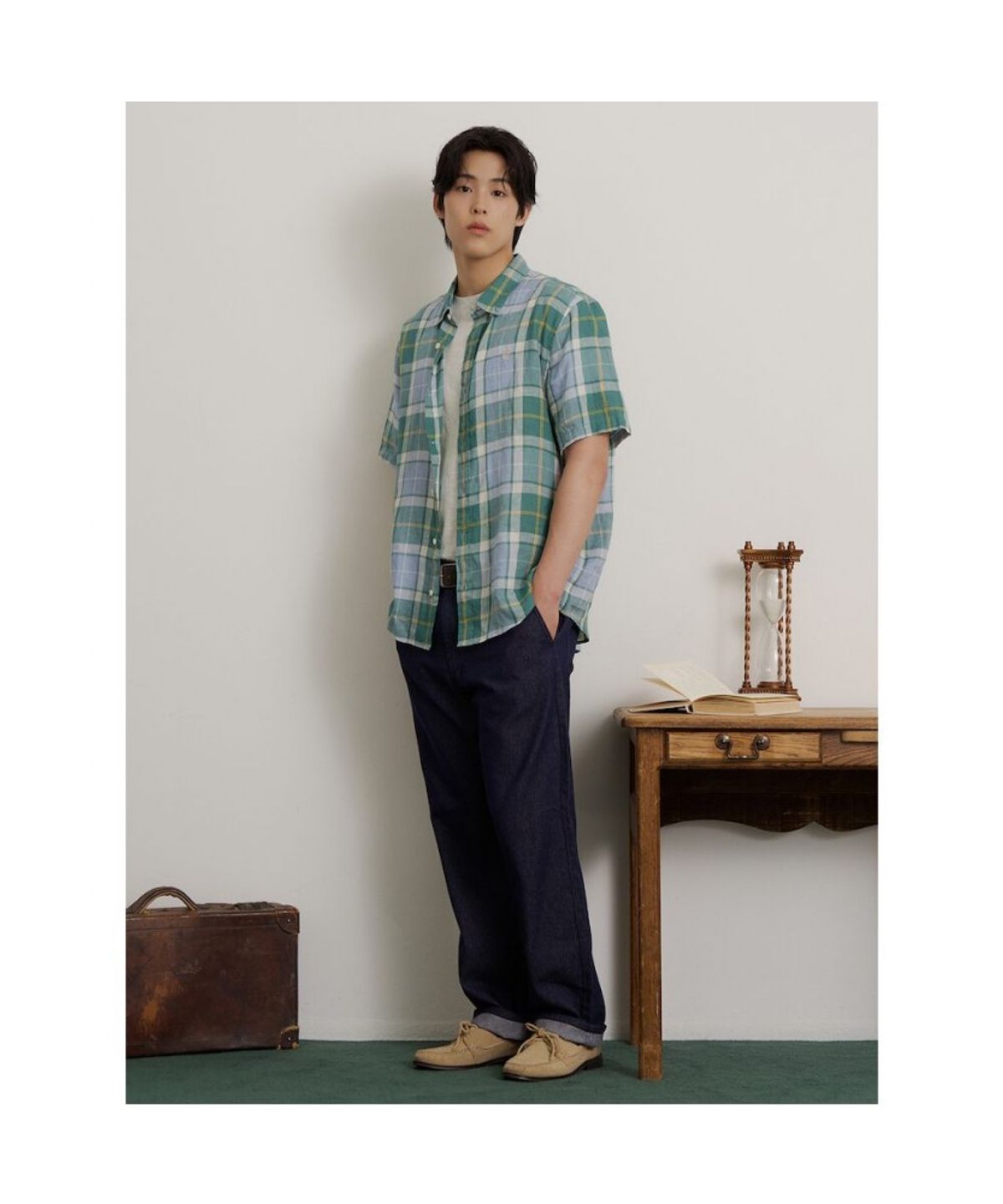 빈폴 멘(BEANPOLE MEN) 리넨 빅체크 반소매 셔츠  그린