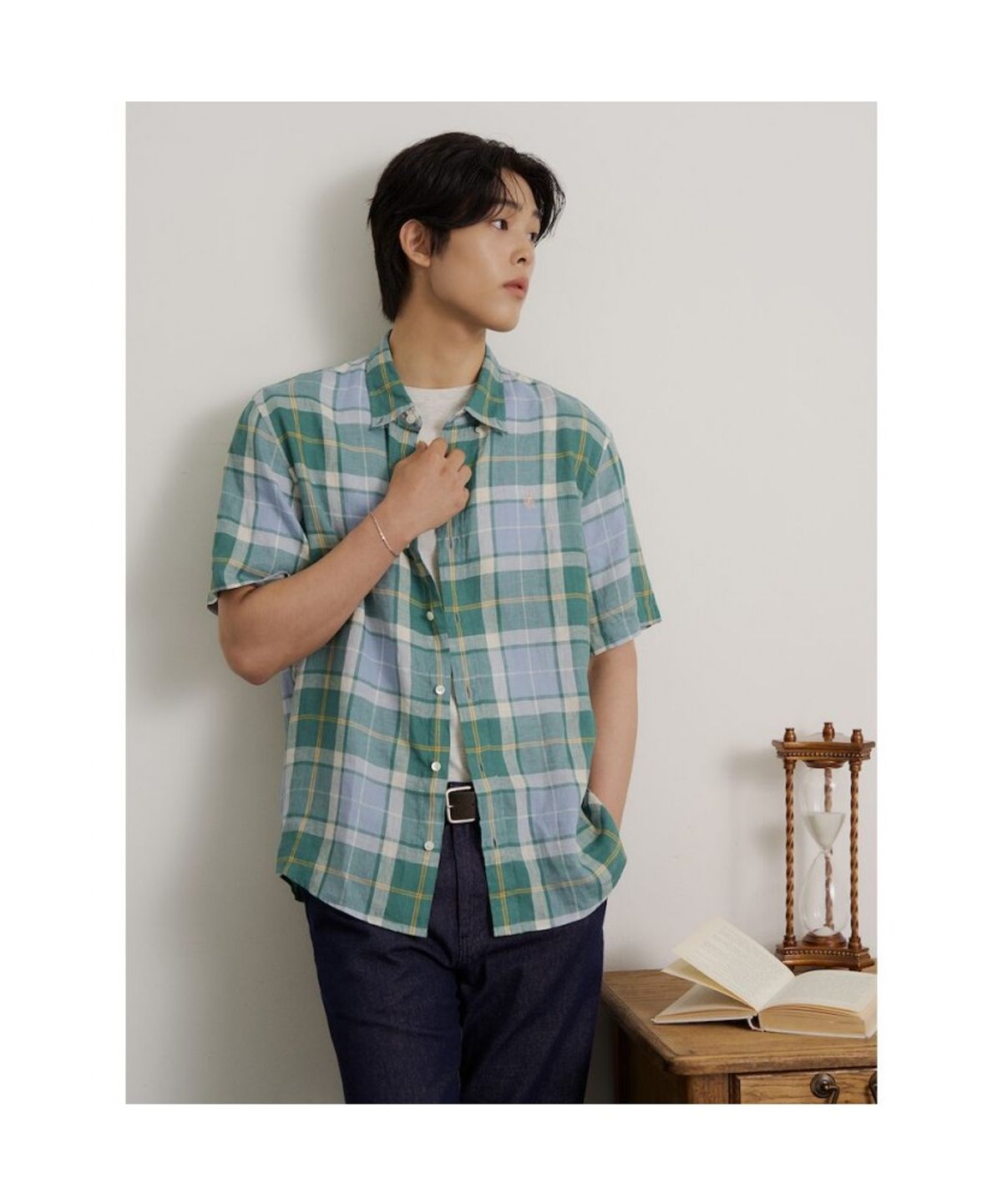 빈폴 멘(BEANPOLE MEN) 리넨 빅체크 반소매 셔츠  그린