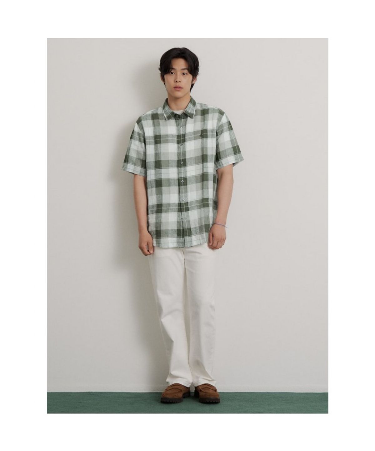 빈폴 멘(BEANPOLE MEN) 리넨 미디엄 체크 반소매 셔츠  카키